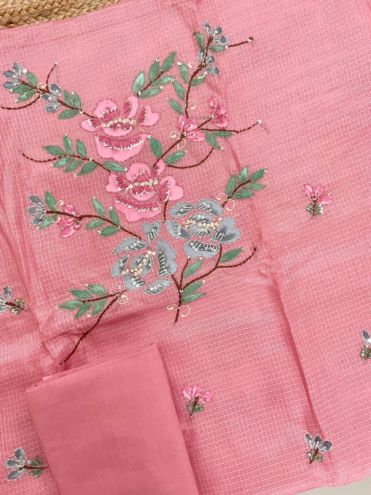 Soft Kota Silk Brush Painted Embroidered Suit - Pink