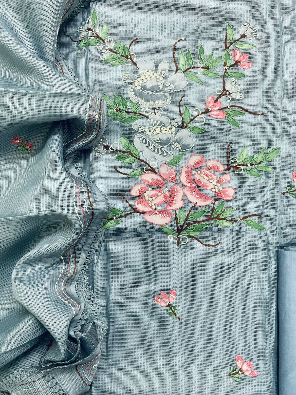 Soft Kota Silk Brush Painted Embroidered Suit - Grey