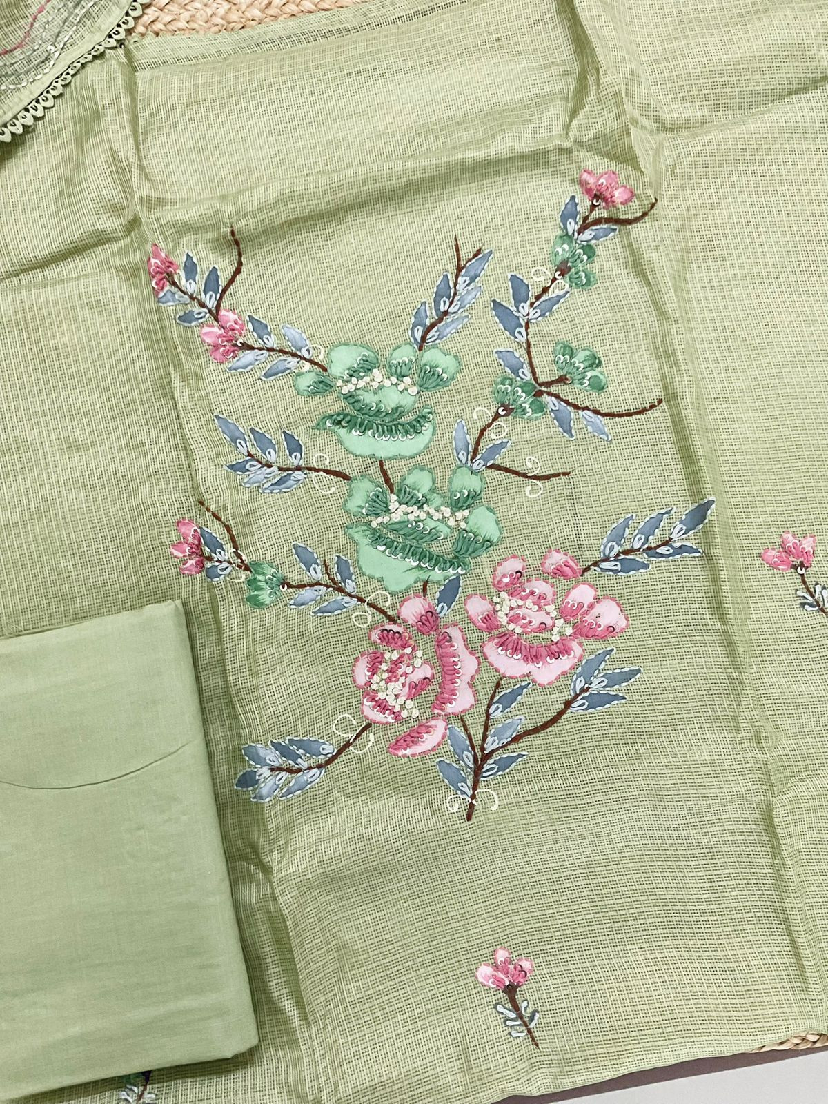 Soft Kota Silk Brush Painted Embroidered Suit - Green