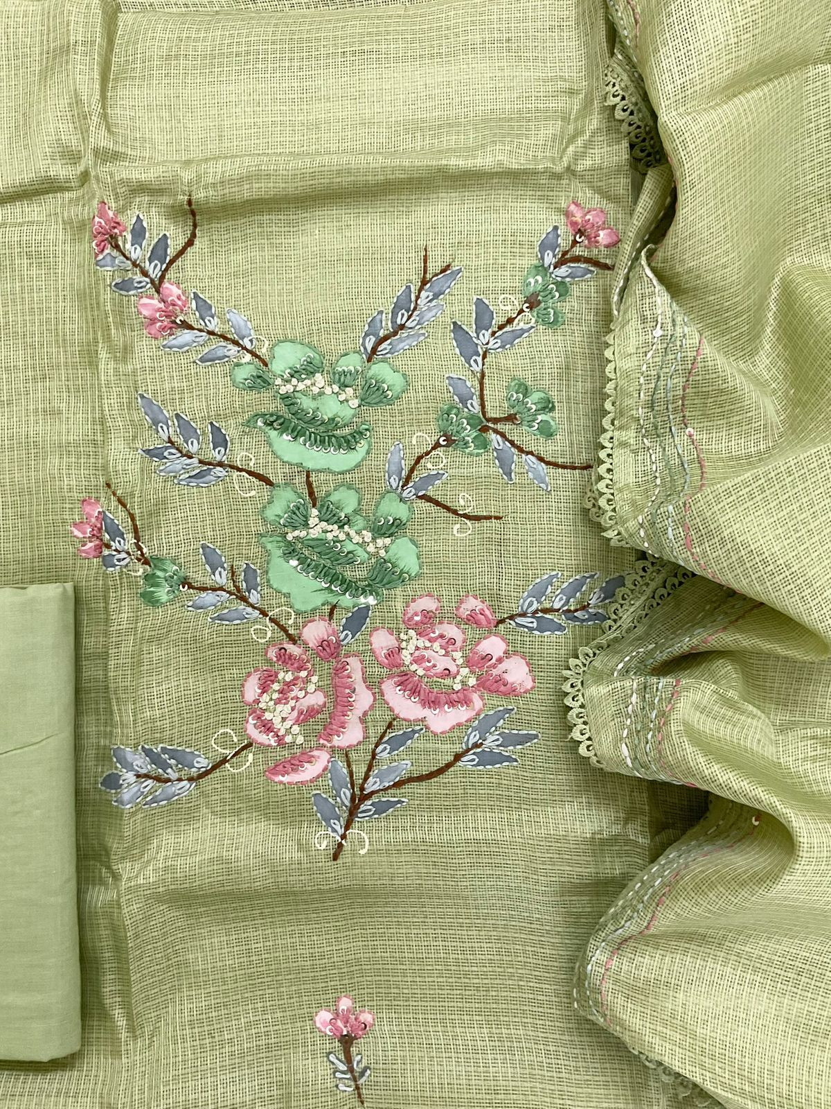 Soft Kota Silk Brush Painted Embroidered Suit - Green