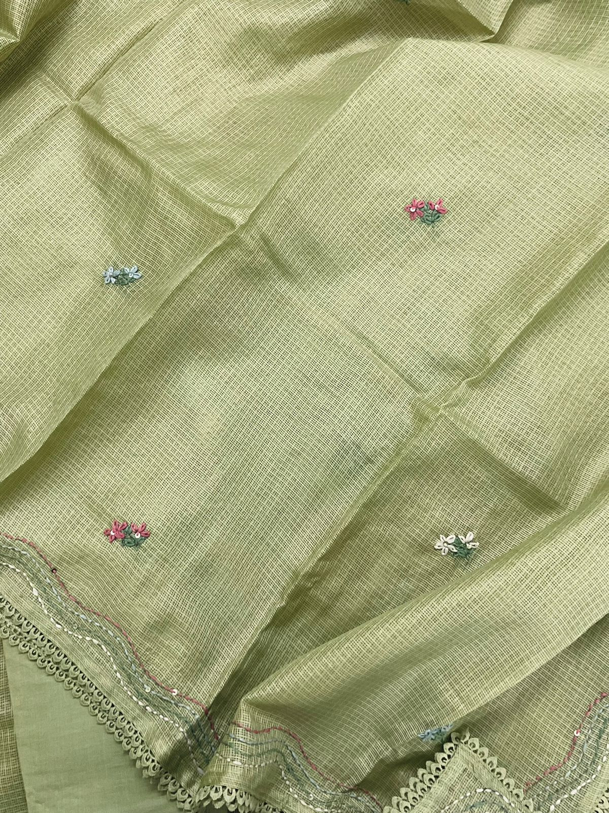 Soft Kota Silk Brush Painted Embroidered Suit - Green