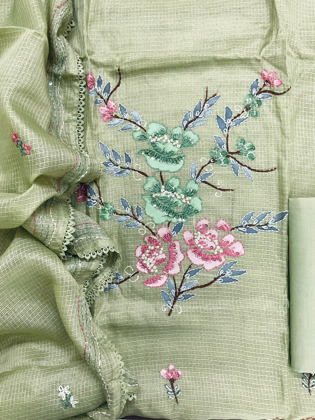 Soft Kota Silk Brush Painted Embroidered Suit - Green