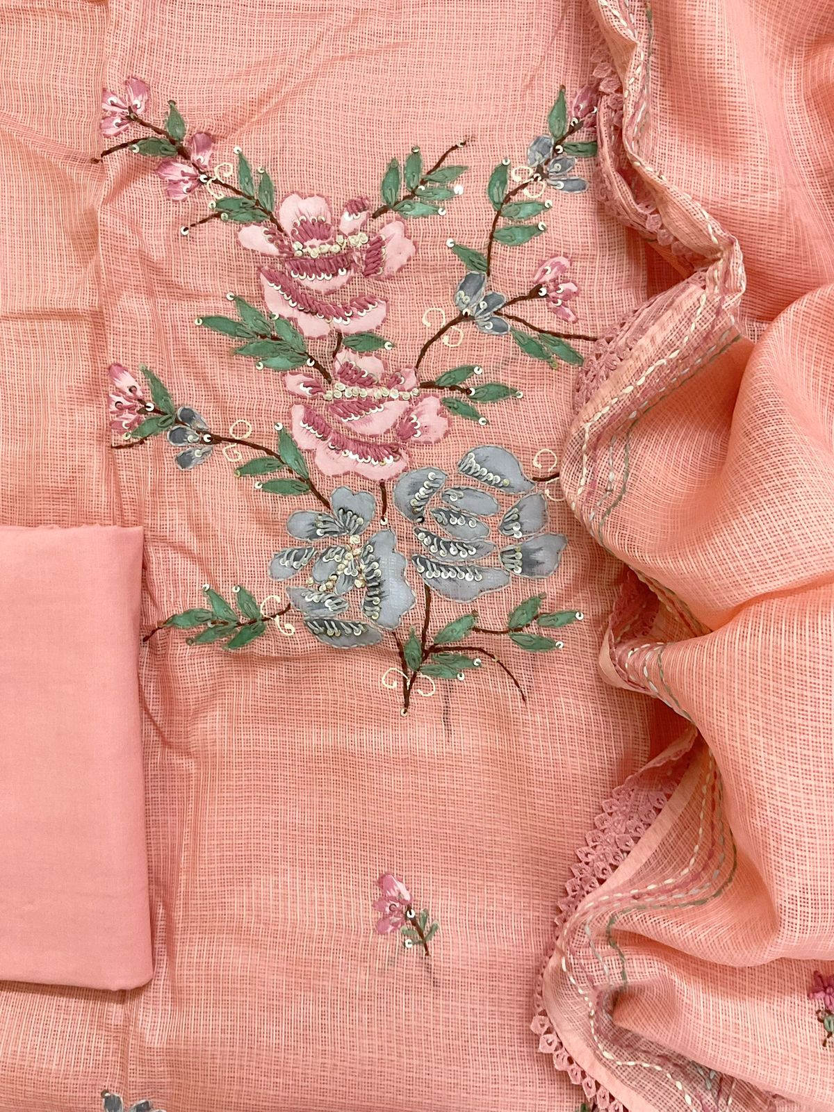 Soft Kota Silk Brush Painted Embroidered Suit - Peach