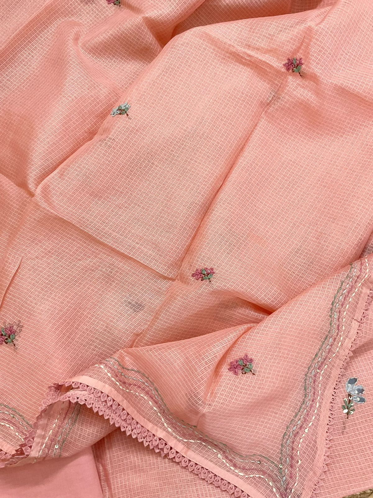 Soft Kota Silk Brush Painted Embroidered Suit - Peach