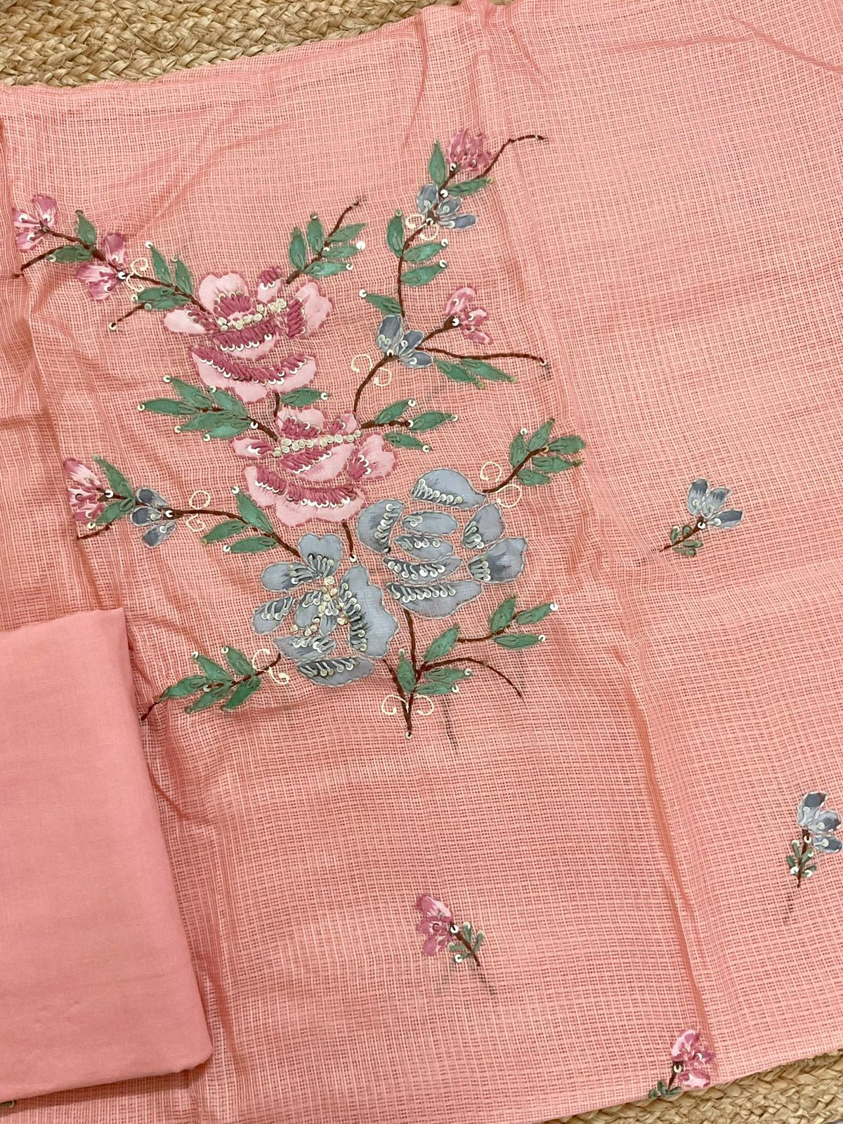 Soft Kota Silk Brush Painted Embroidered Suit - Peach
