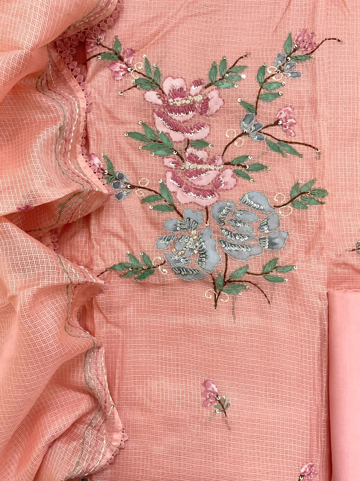 Soft Kota Silk Brush Painted Embroidered Suit - Peach
