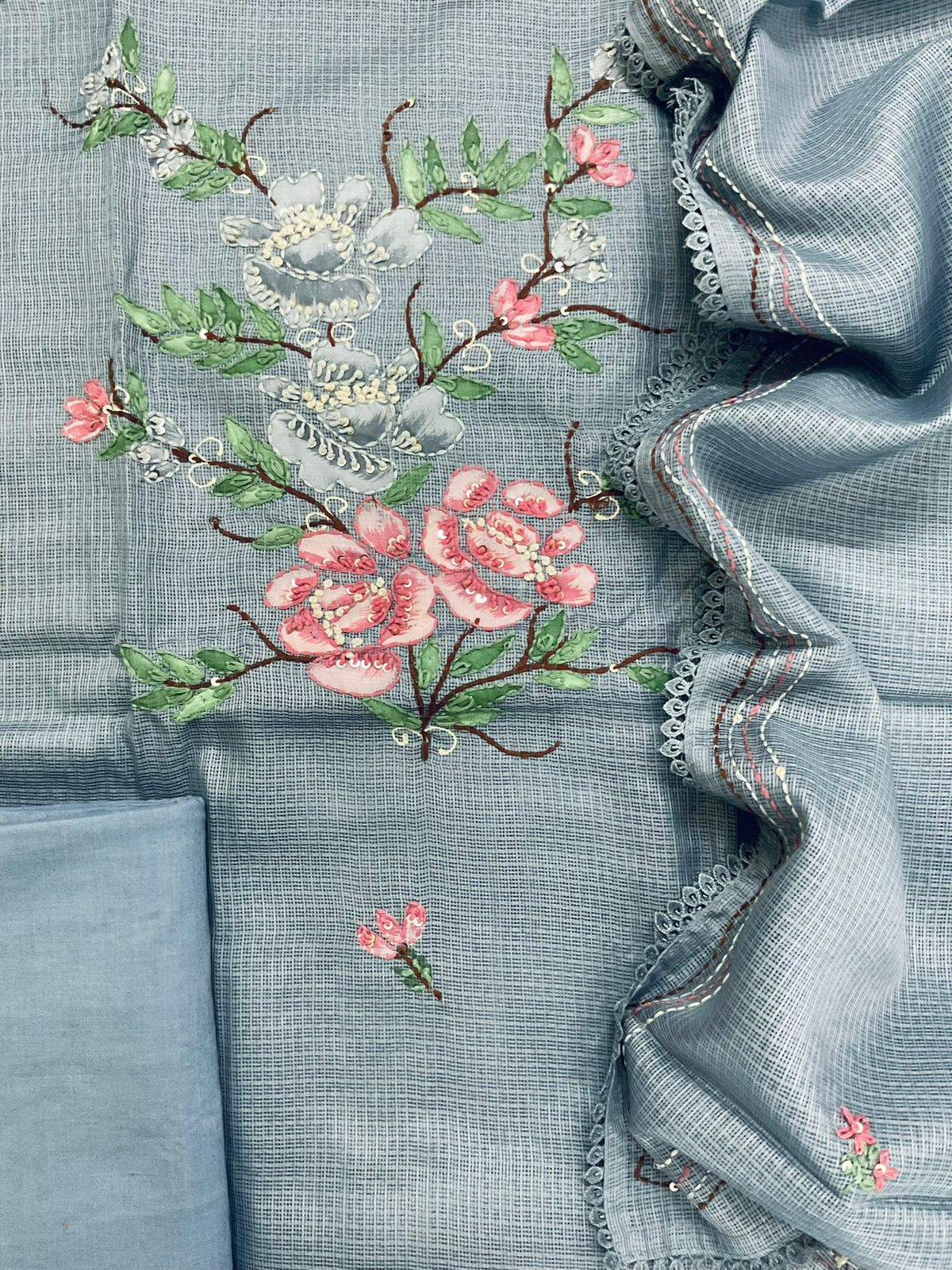 Soft Kota Silk Brush Painted Embroidered Suit - Grey