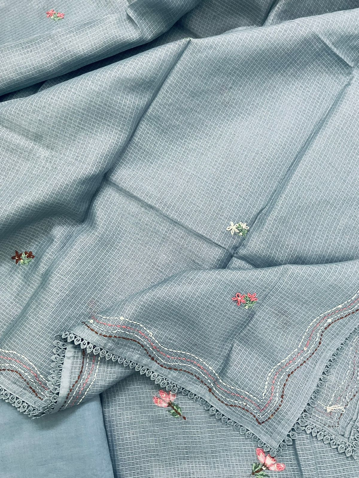 Soft Kota Silk Brush Painted Embroidered Suit - Grey