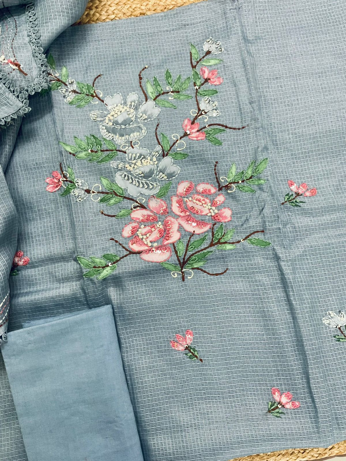 Soft Kota Silk Brush Painted Embroidered Suit - Grey