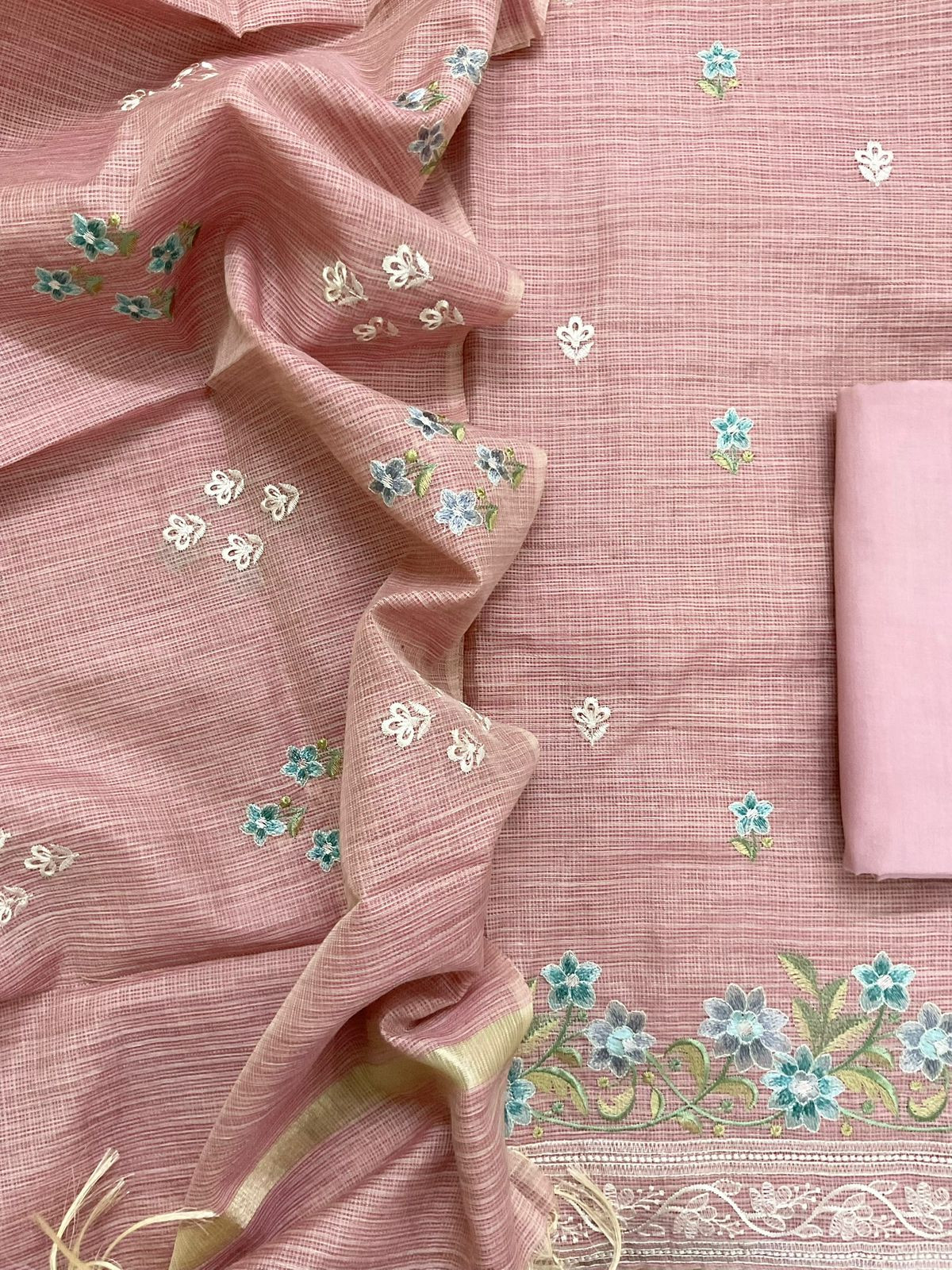 Soft Kota Silk Embroidered Suit - Pink