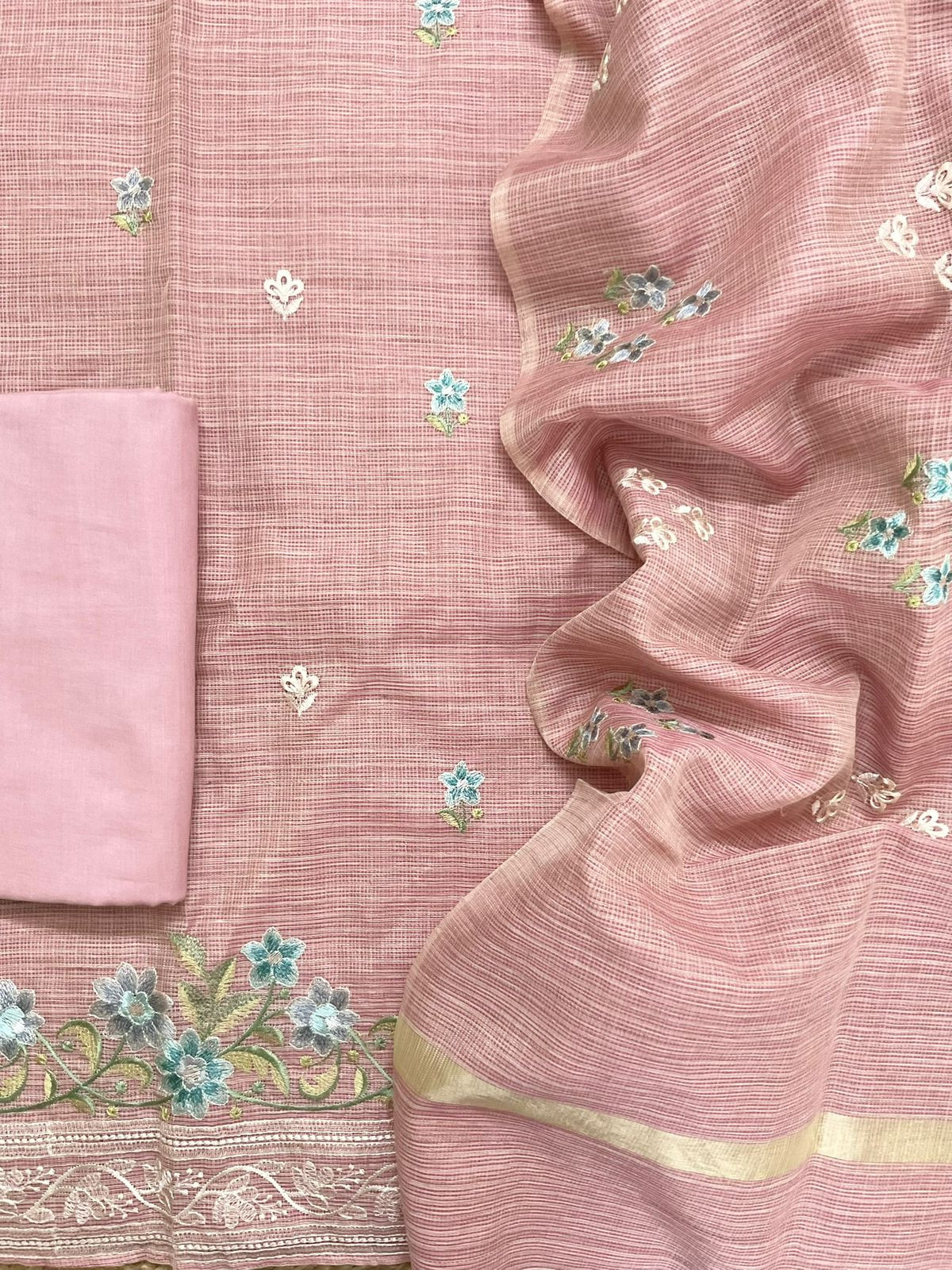 Soft Kota Silk Embroidered Suit - Pink