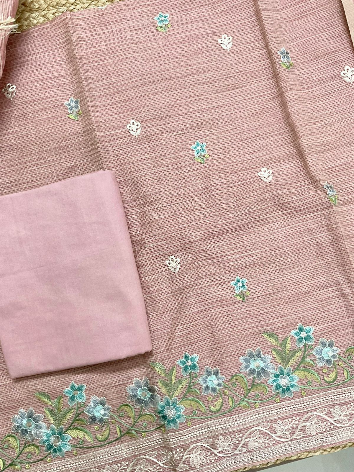 Soft Kota Silk Embroidered Suit - Pink