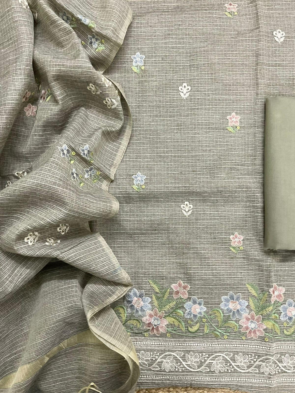 Soft Kota Silk Embroidered Suit - Brownish Green