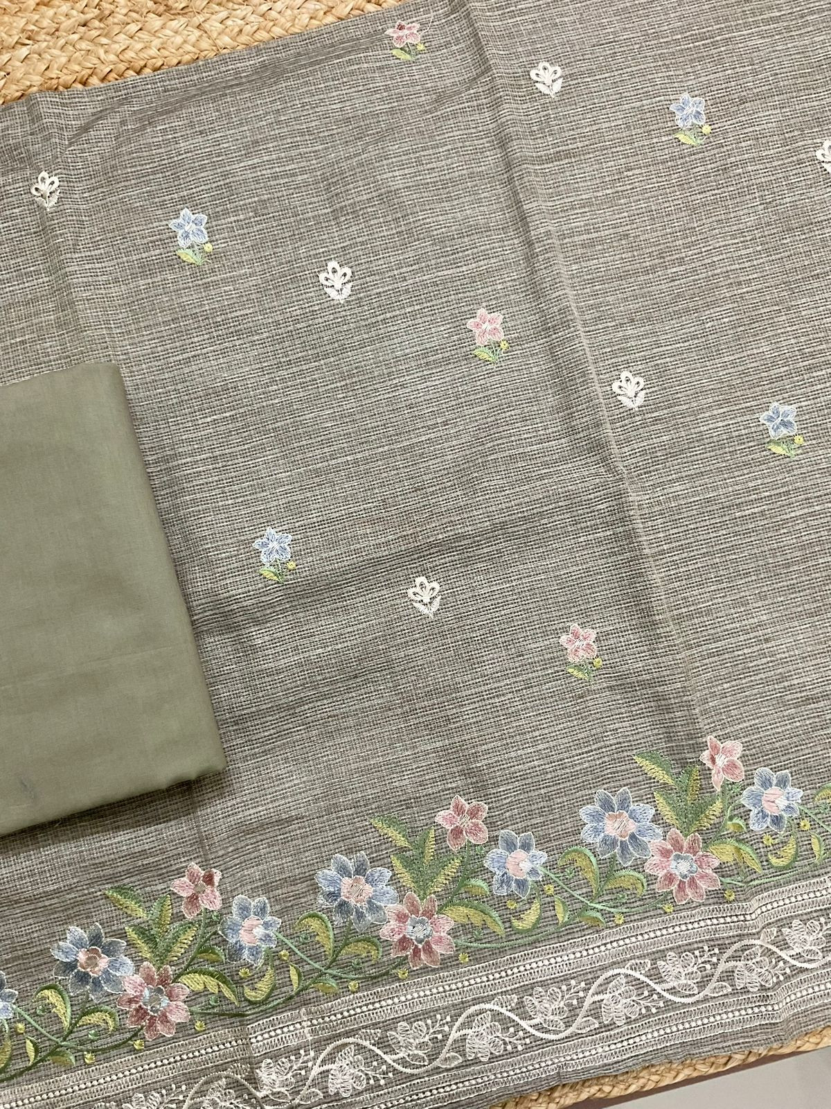 Soft Kota Silk Embroidered Suit - Brownish Green