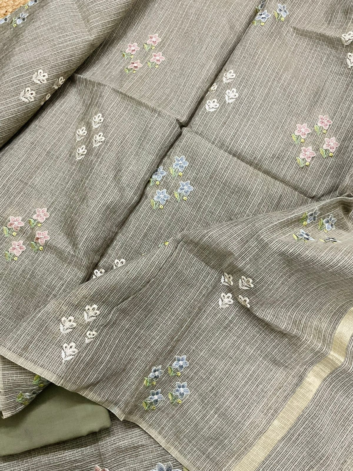 Soft Kota Silk Embroidered Suit - Brownish Green