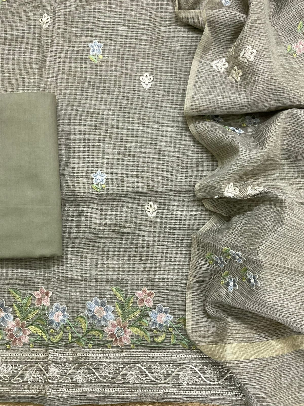 Soft Kota Silk Embroidered Suit - Brownish Green