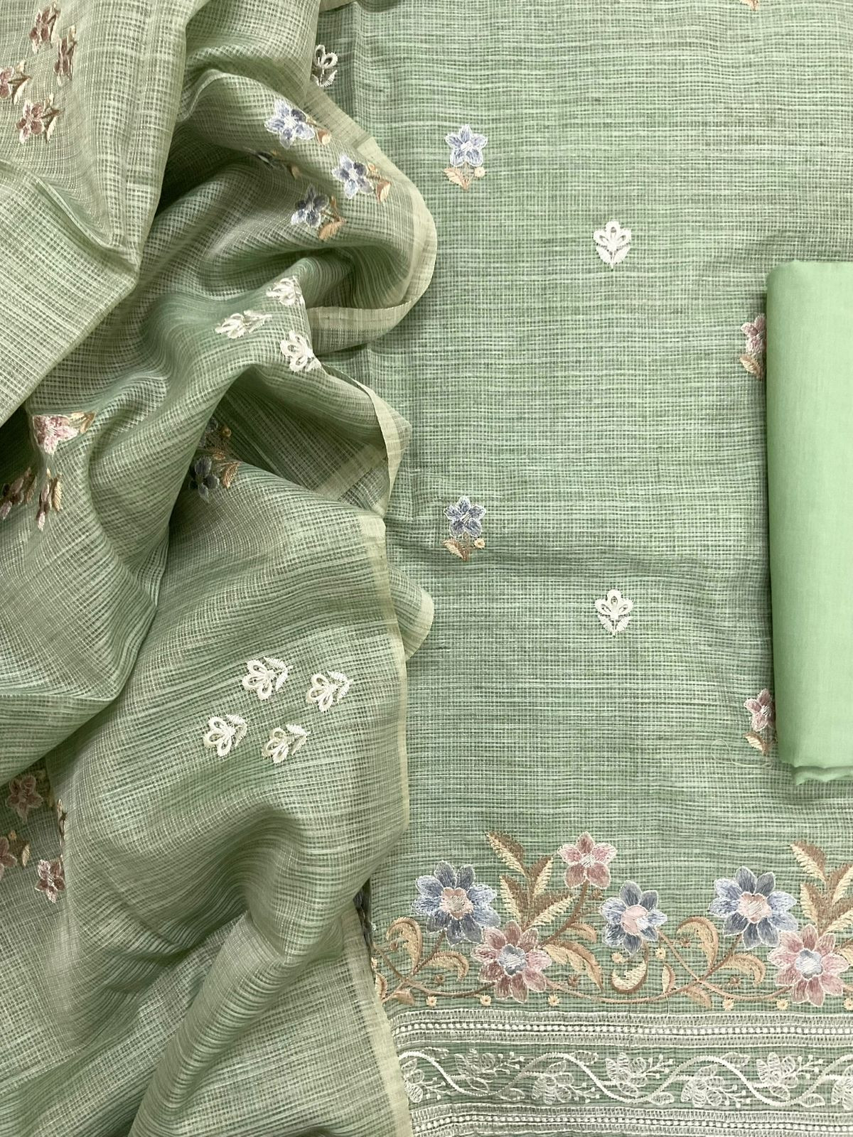 Soft Kota Silk Embroidered Suit - Green