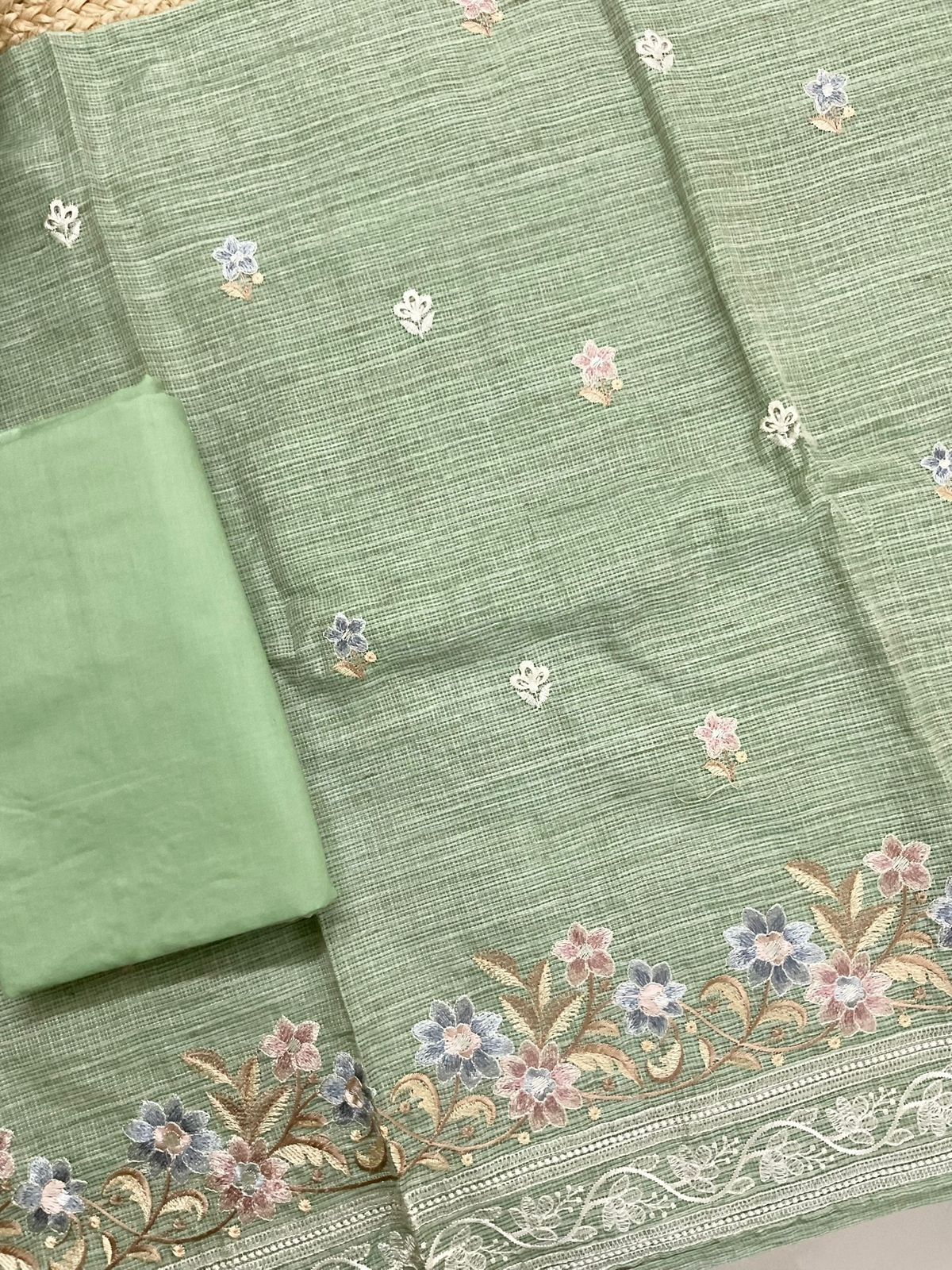 Soft Kota Silk Embroidered Suit - Green