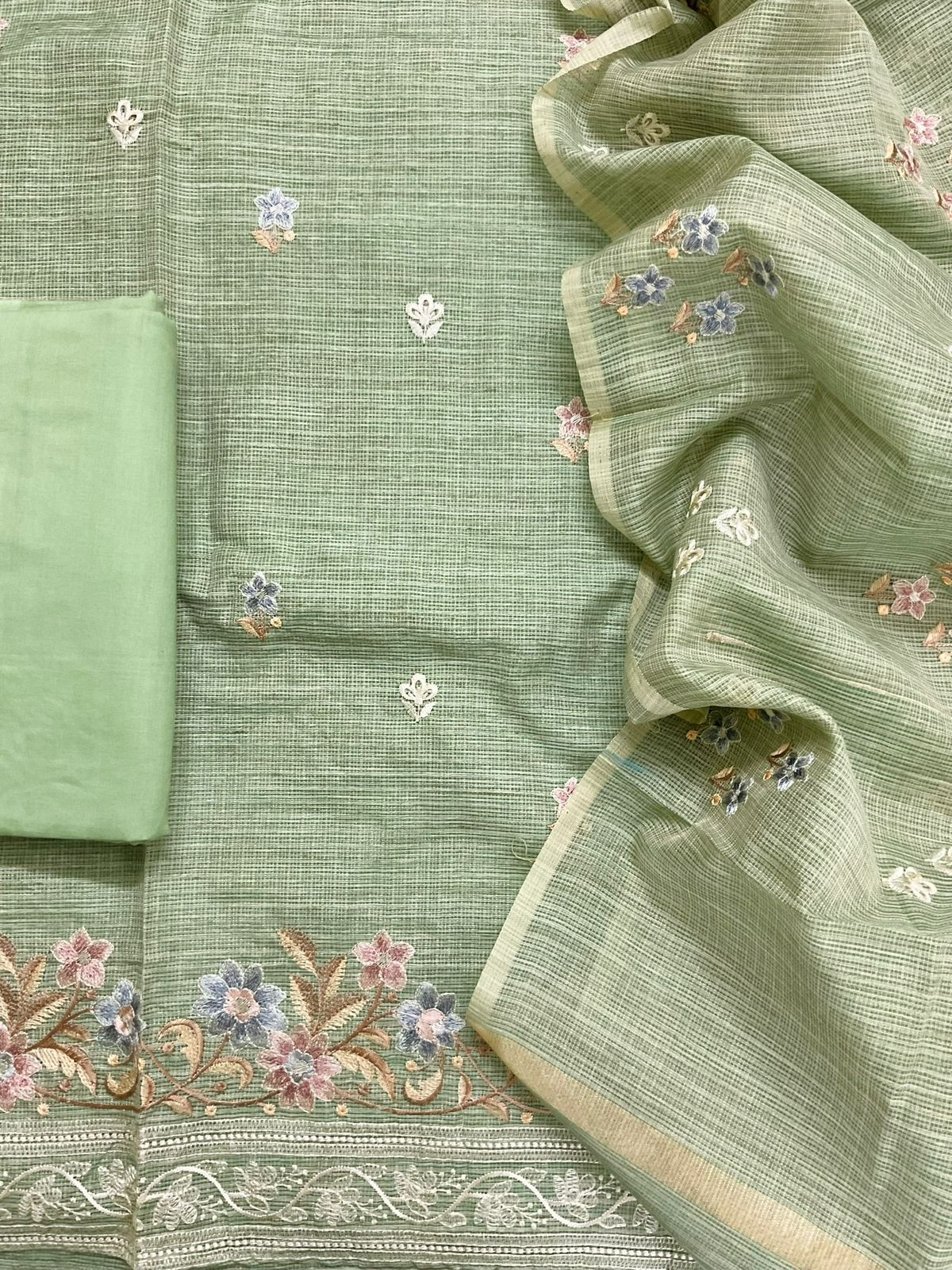 Soft Kota Silk Embroidered Suit - Green
