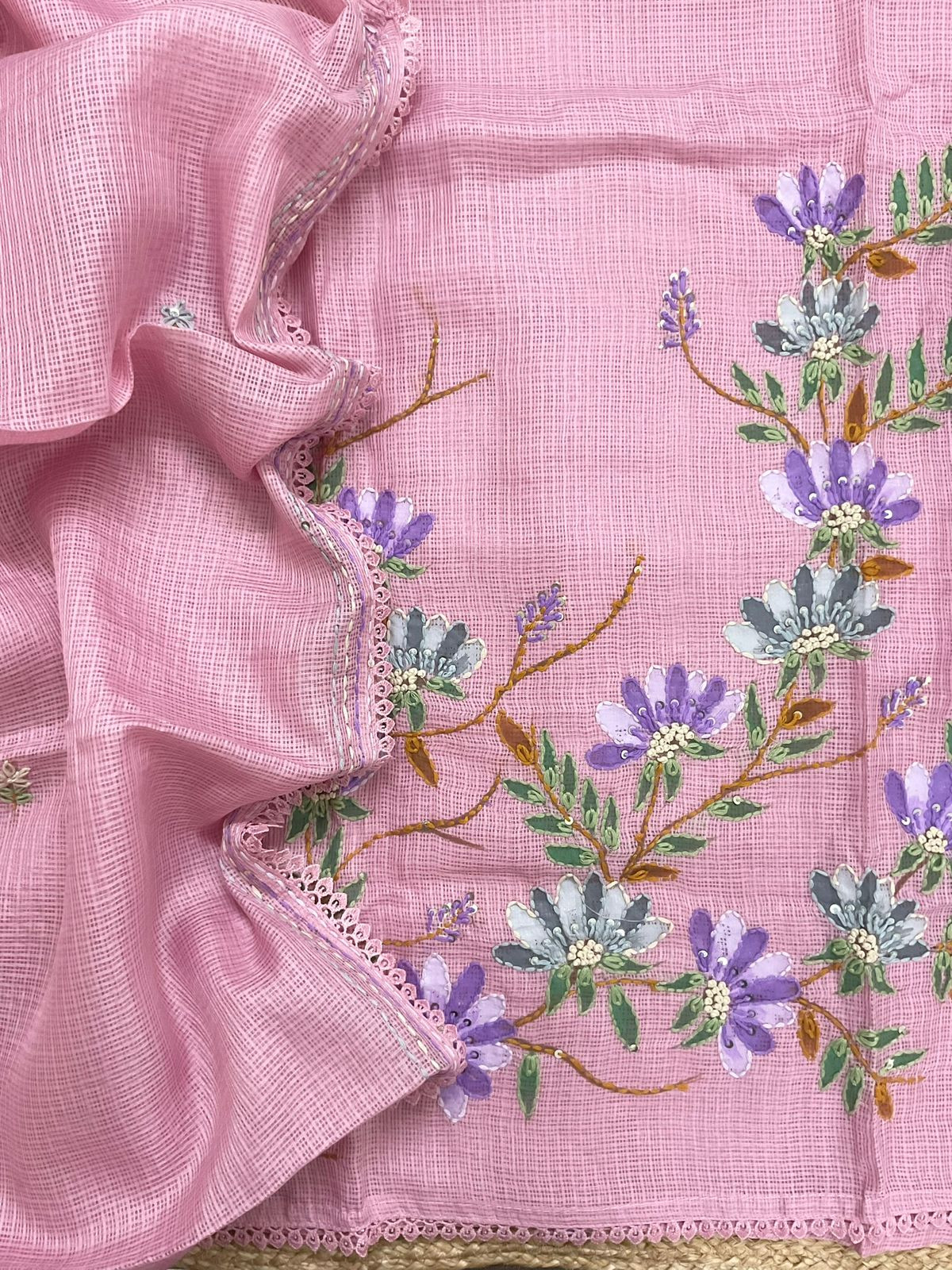 Soft Kota Silk Brush Painted Embroidered Suit - Pink