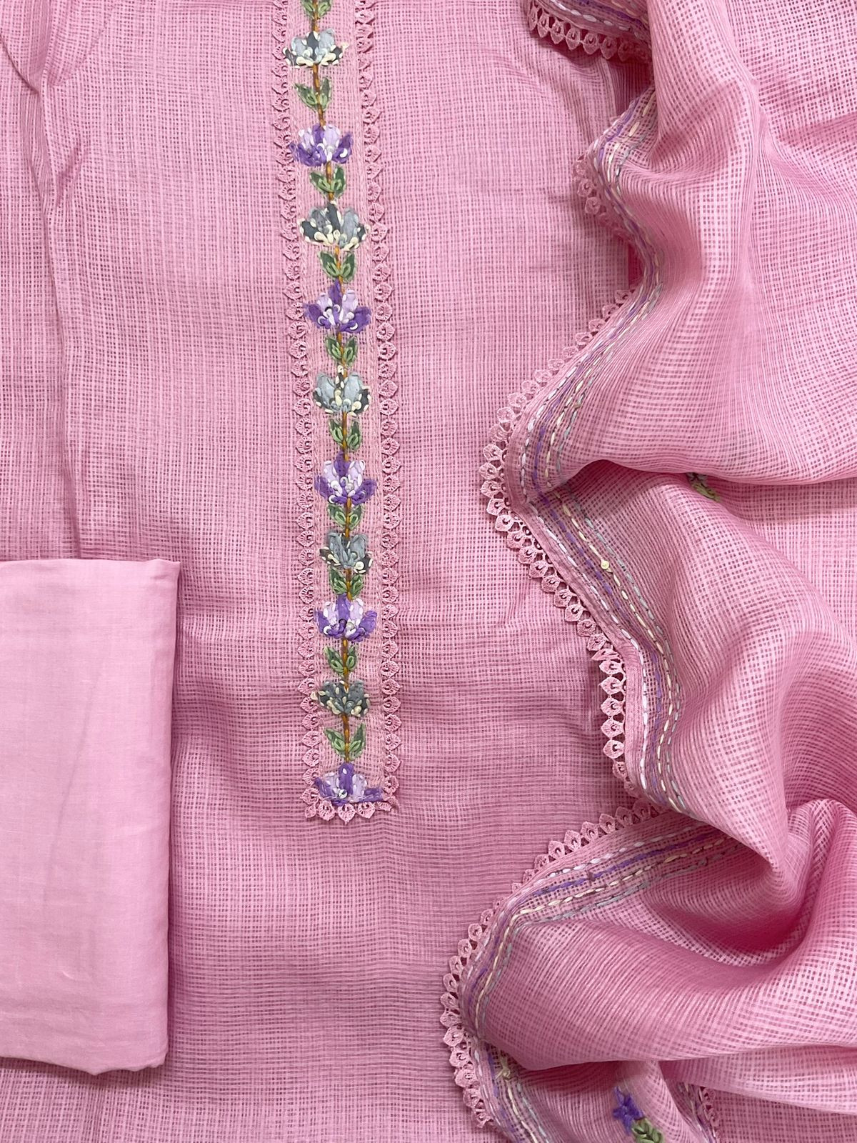 Soft Kota Silk Brush Painted Embroidered Suit - Pink