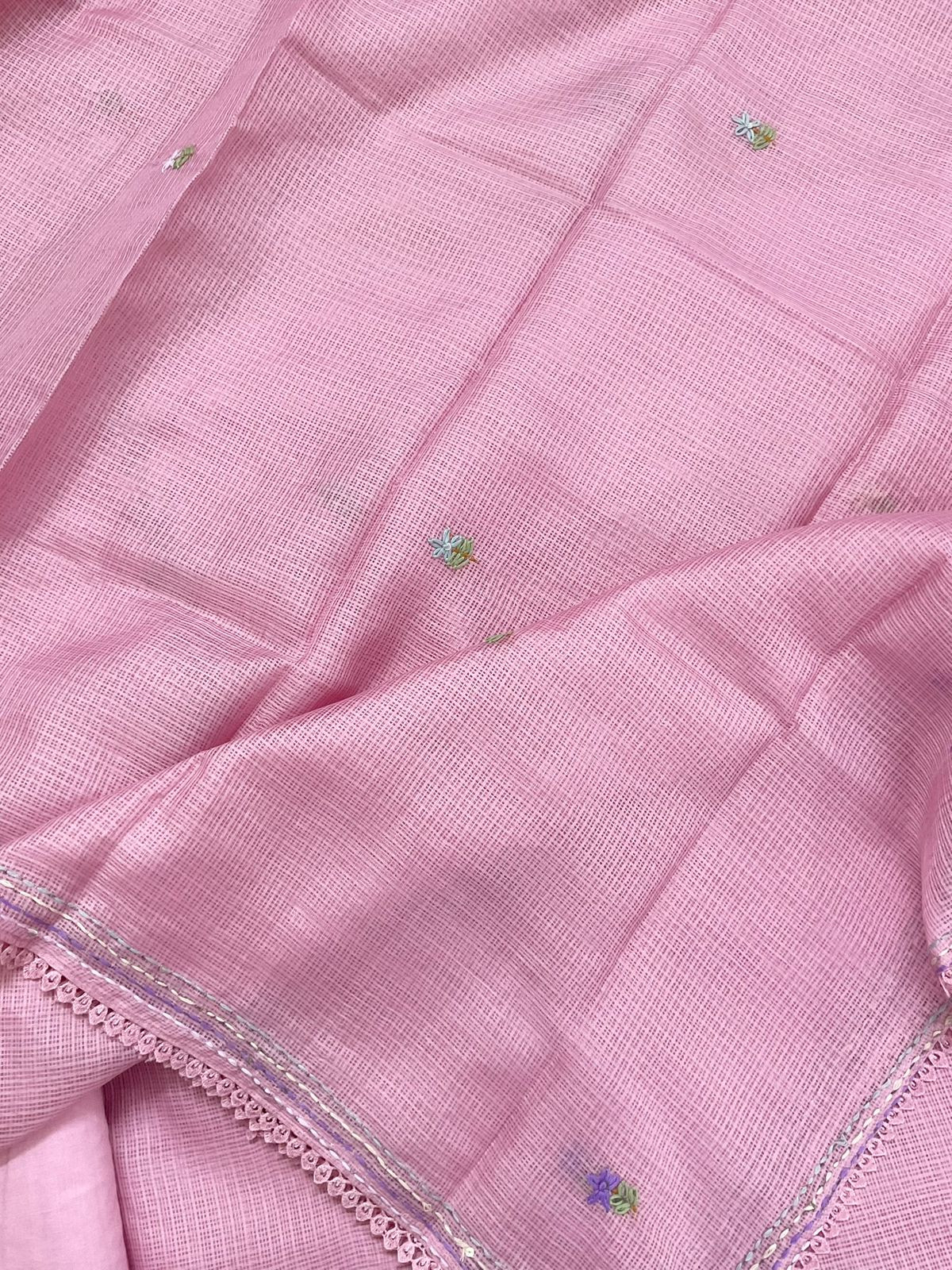 Soft Kota Silk Brush Painted Embroidered Suit - Pink