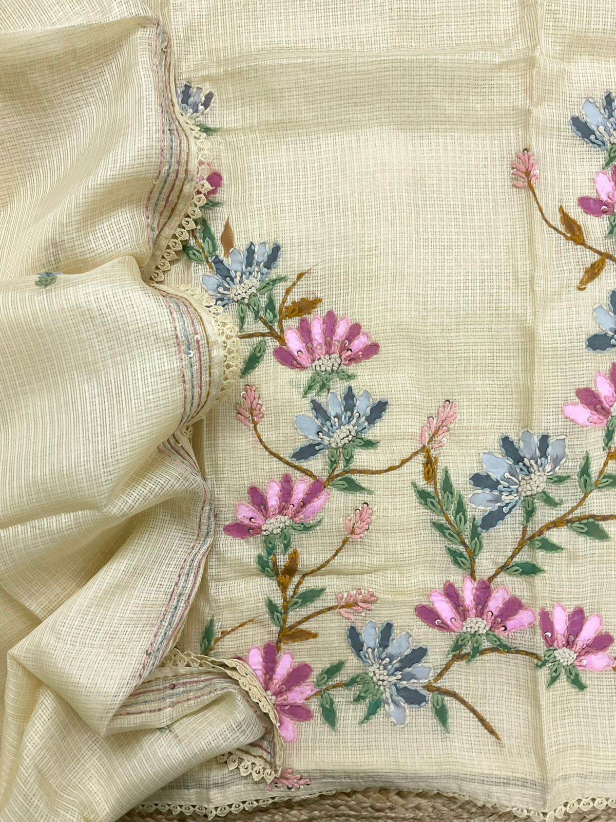 Soft Kota Silk Brush Painted Embroidered Suit - Yellow
