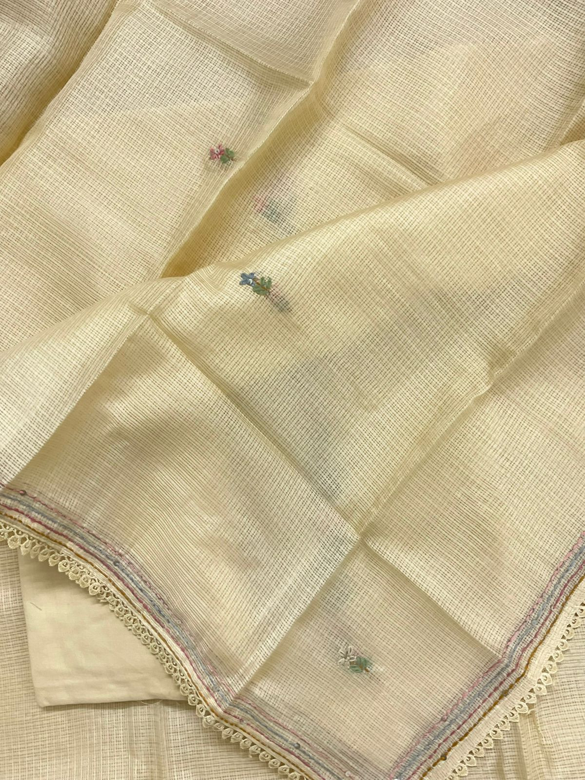 Soft Kota Silk Brush Painted Embroidered Suit - Yellow