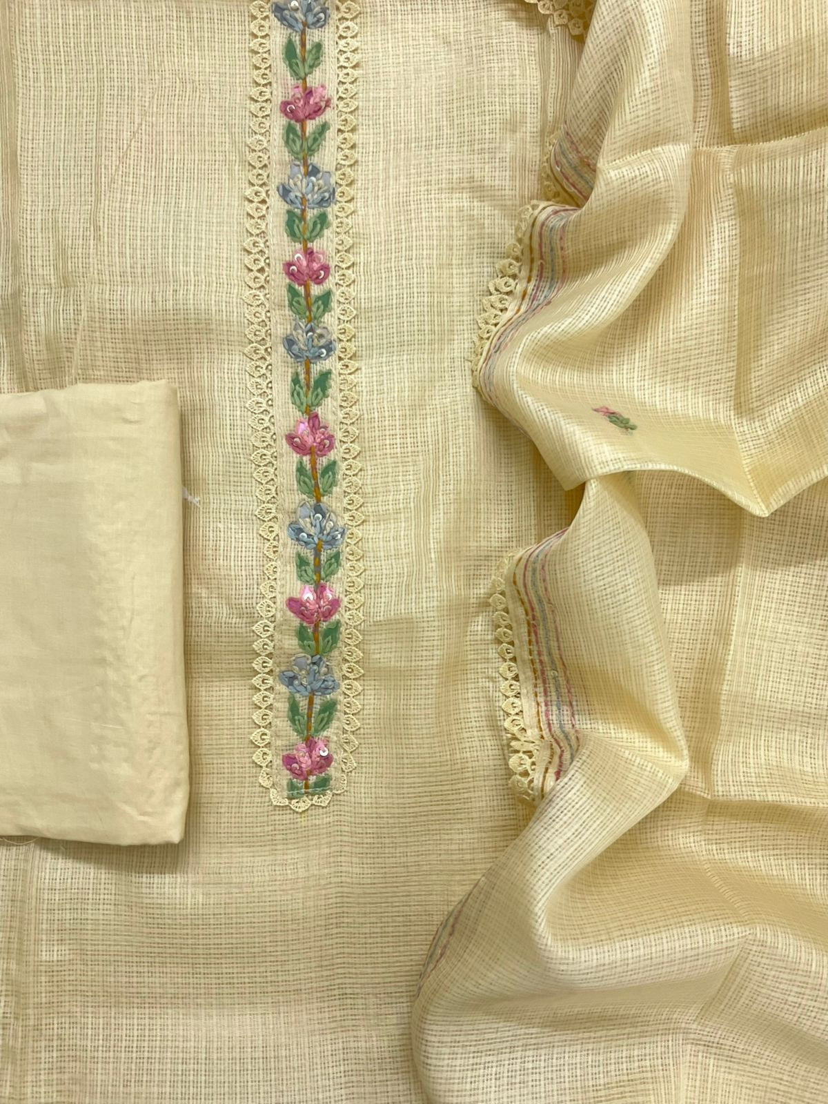 Soft Kota Silk Brush Painted Embroidered Suit - Yellow