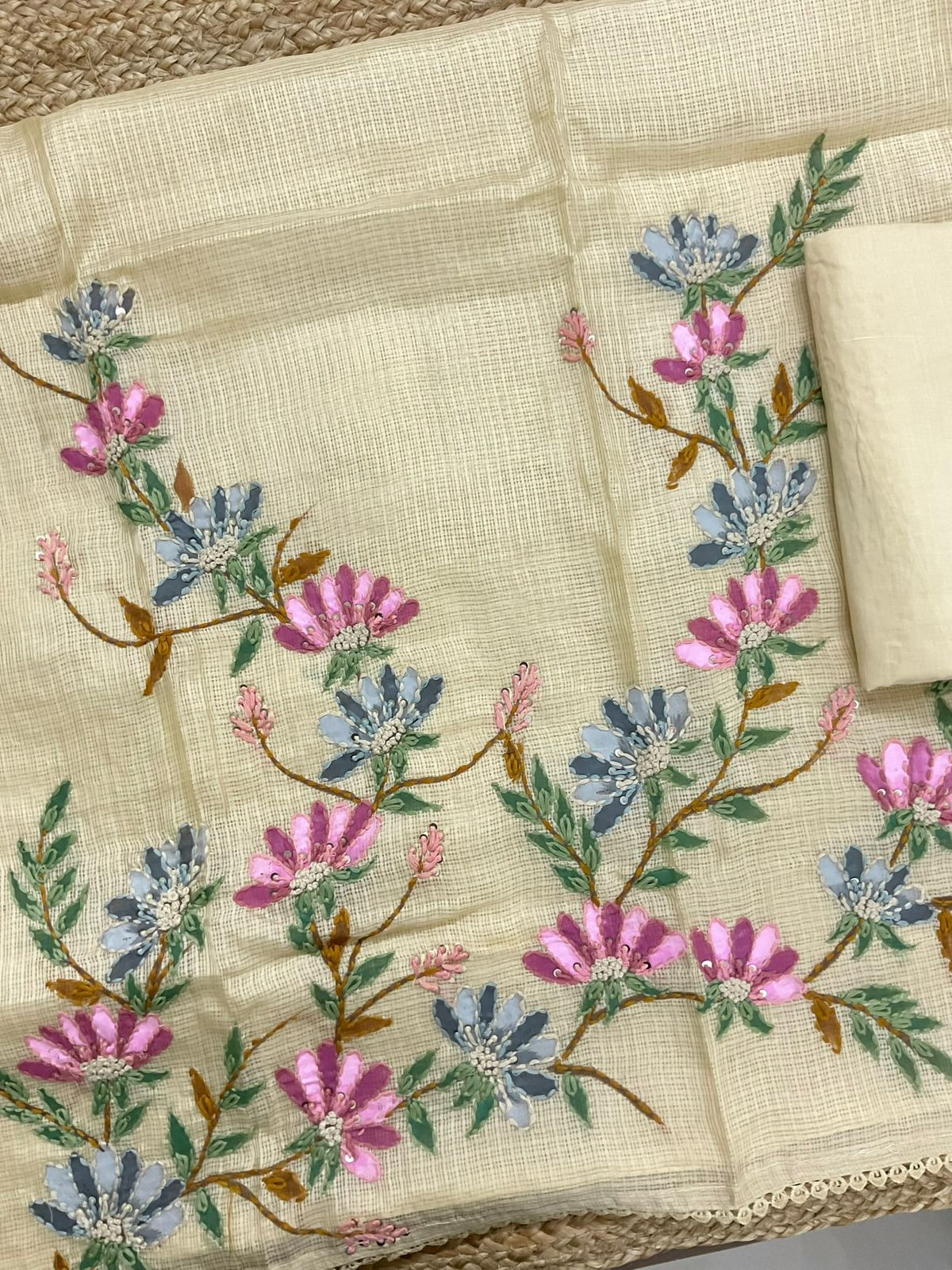 Soft Kota Silk Brush Painted Embroidered Suit - Yellow