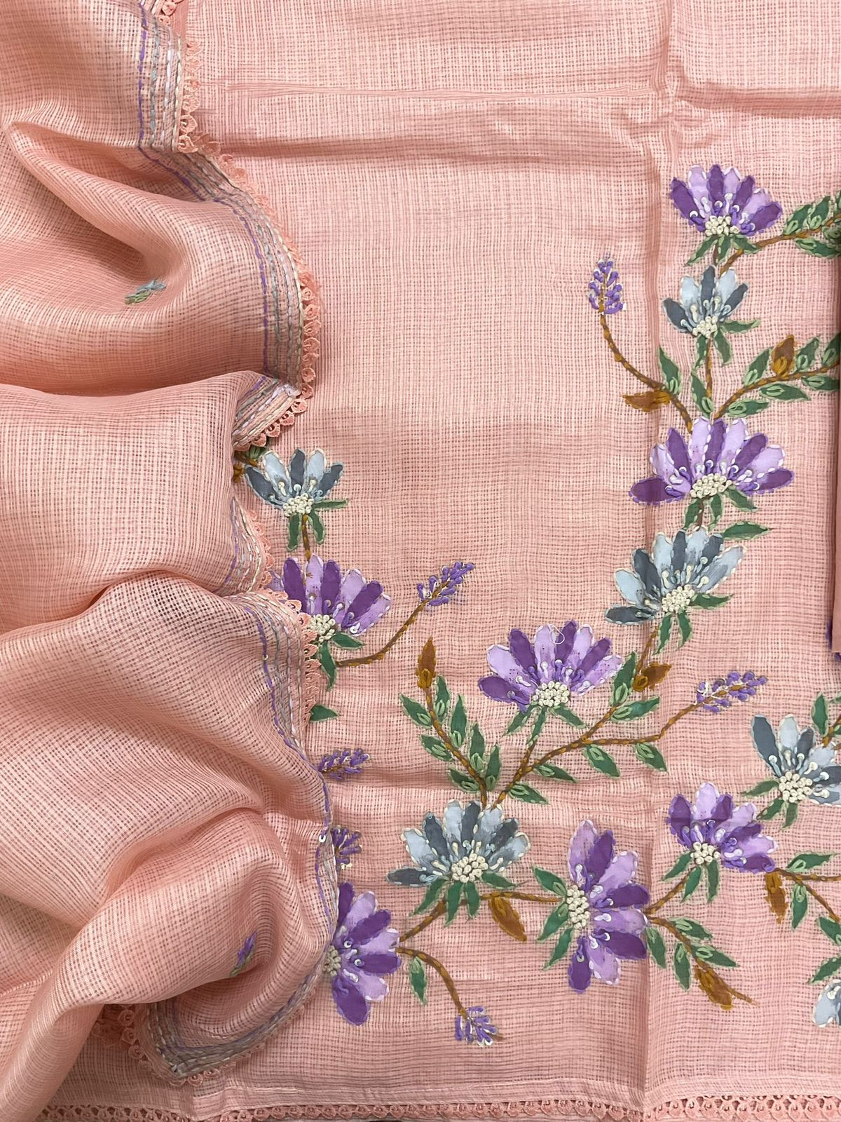 Soft Kota Silk Brush Painted Embroidered Suit - Peach
