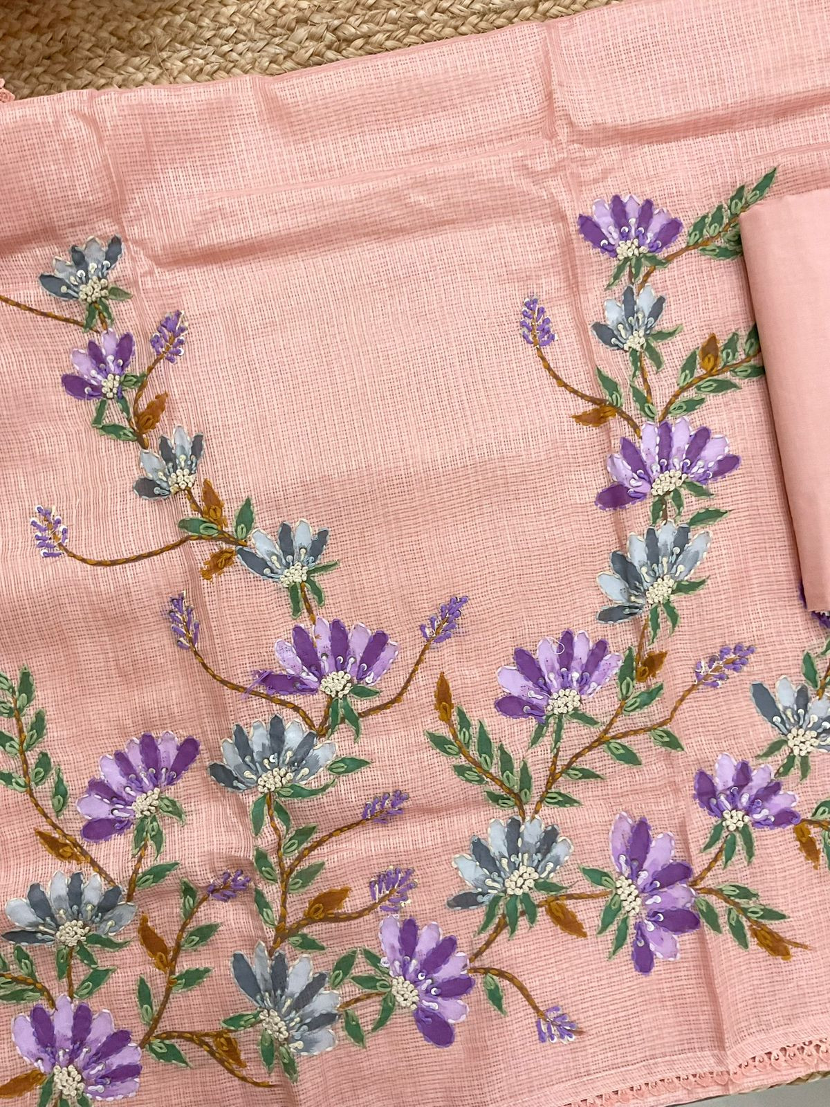Soft Kota Silk Brush Painted Embroidered Suit - Peach