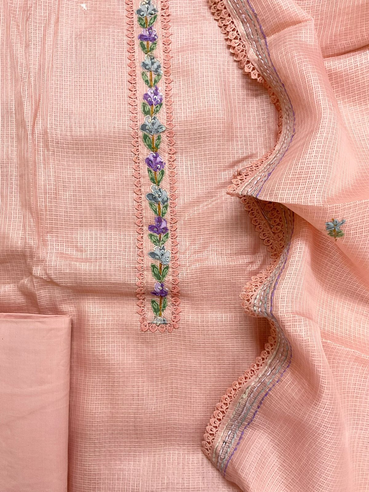 Soft Kota Silk Brush Painted Embroidered Suit - Peach