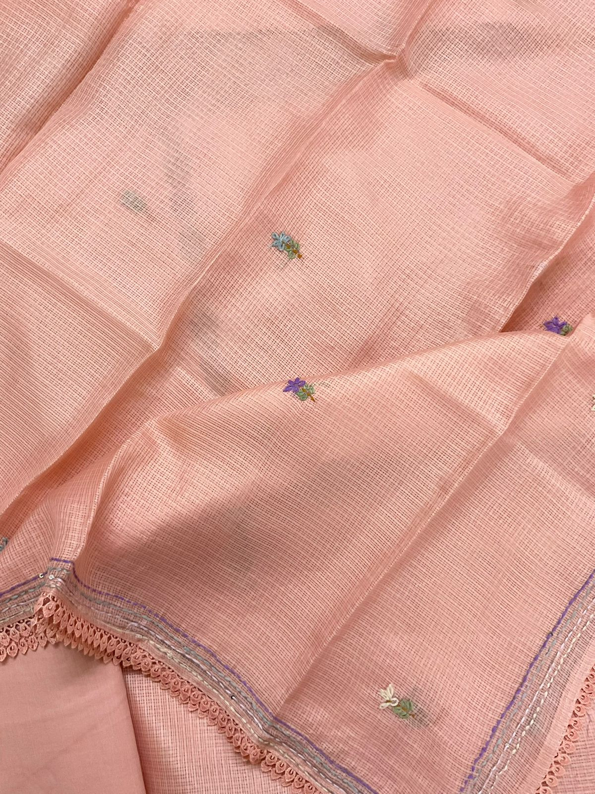 Soft Kota Silk Brush Painted Embroidered Suit - Peach