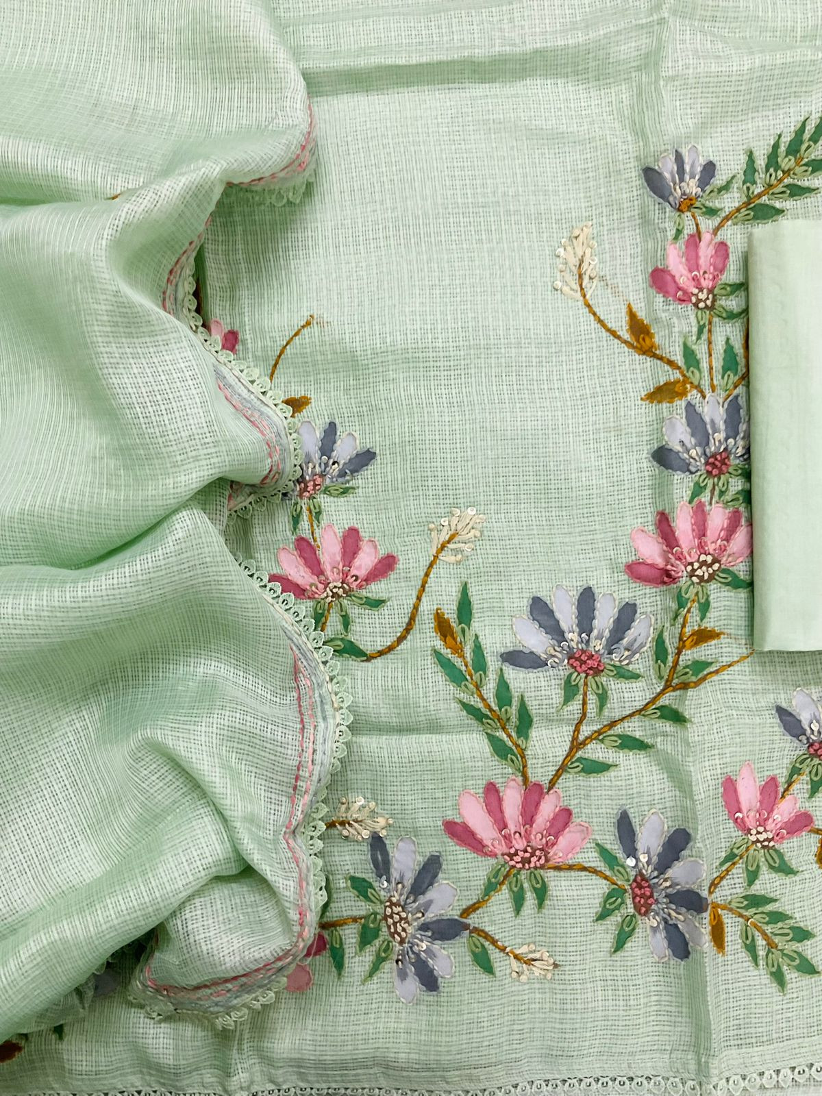 Soft Kota Silk Brush Painted Embroidered Suit - Green