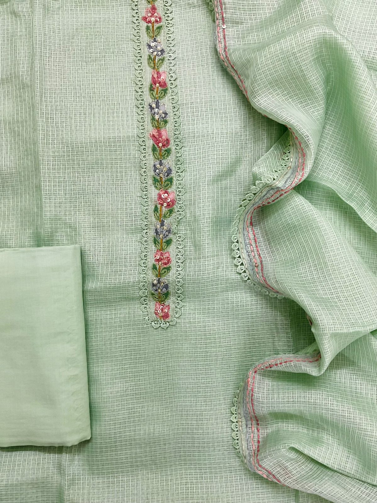 Soft Kota Silk Brush Painted Embroidered Suit - Green
