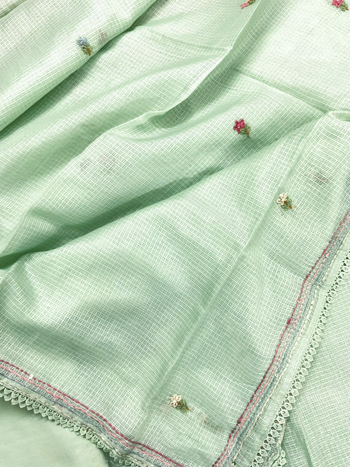 Soft Kota Silk Brush Painted Embroidered Suit - Green