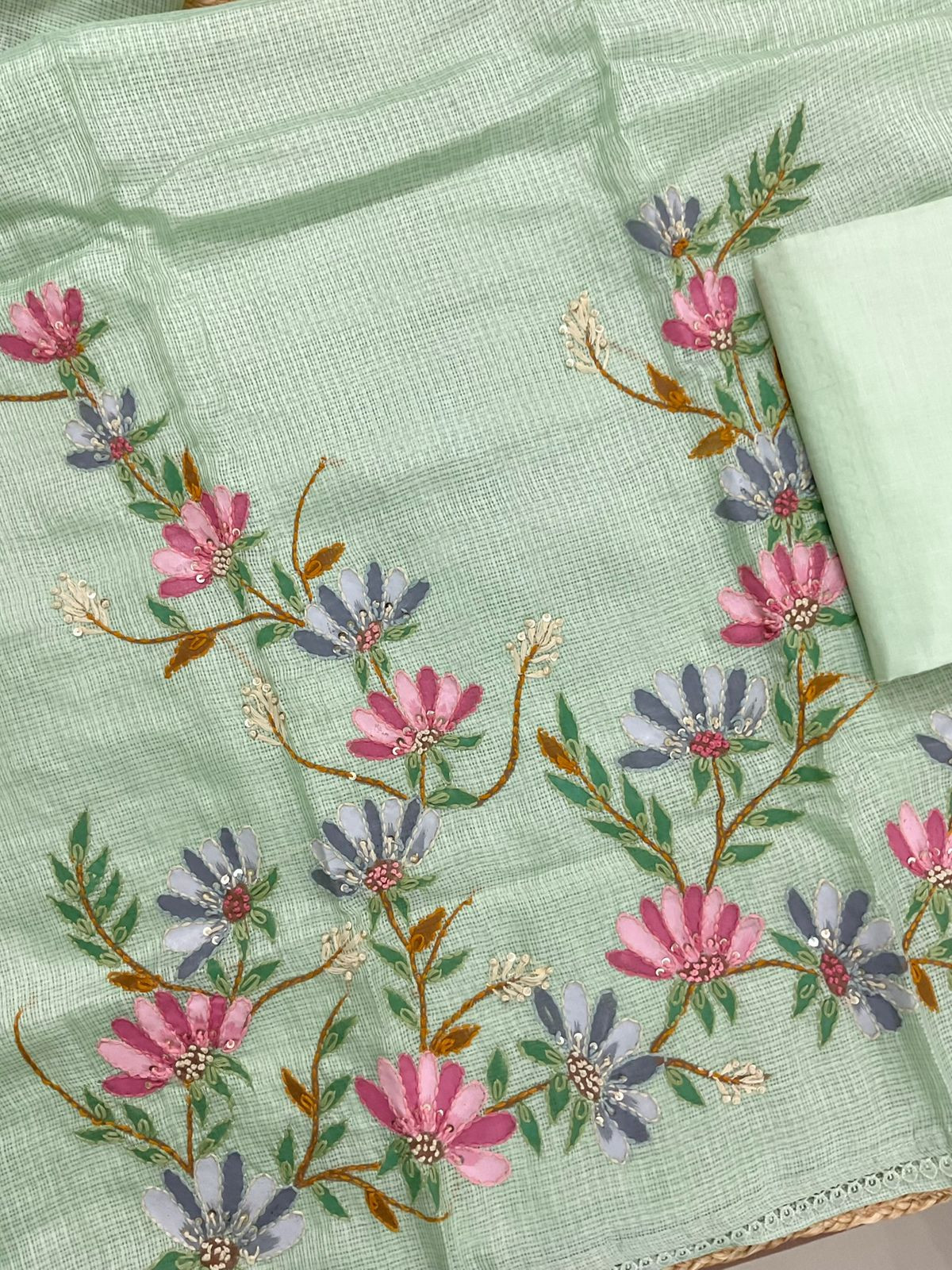 Soft Kota Silk Brush Painted Embroidered Suit - Green