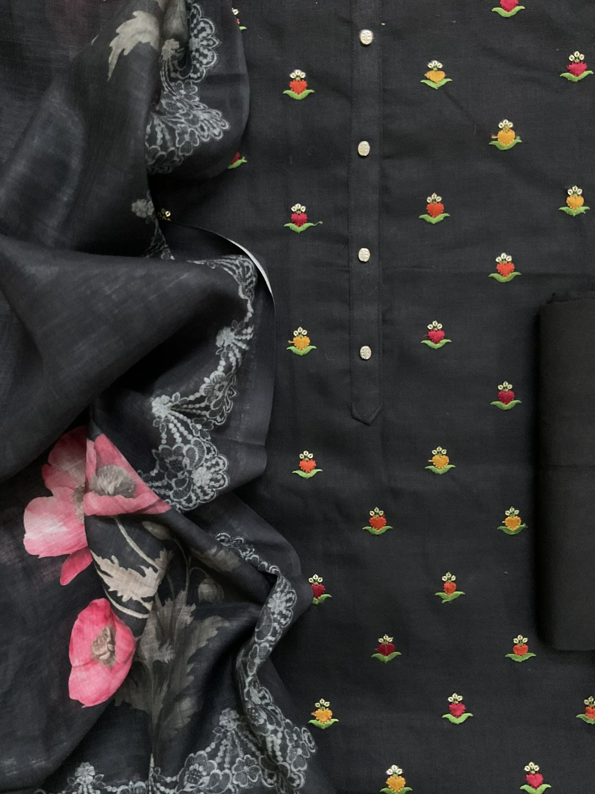 Pure Slub Cotton Printed Embroidered Suit - Black