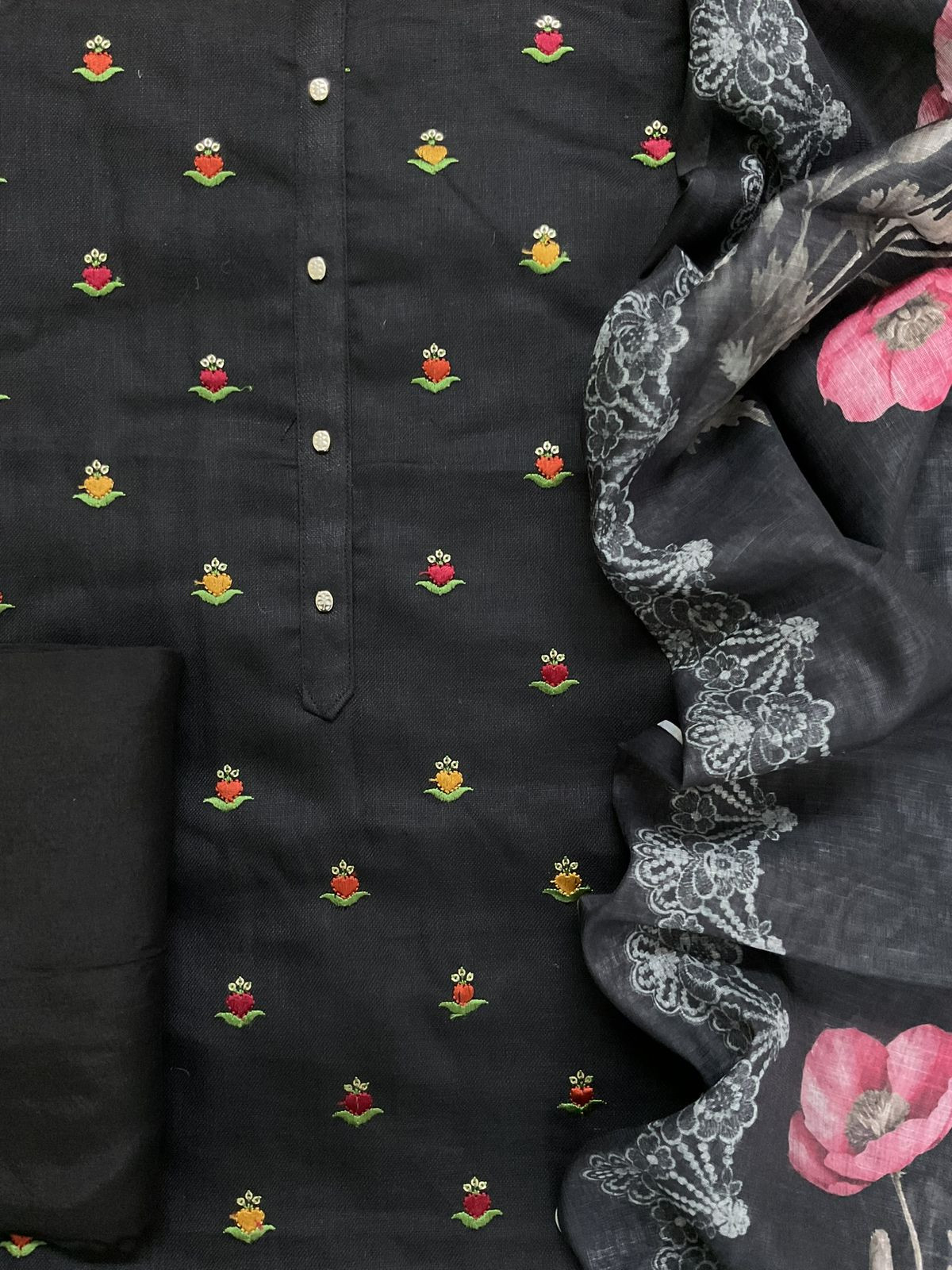 Pure Slub Cotton Printed Embroidered Suit - Black