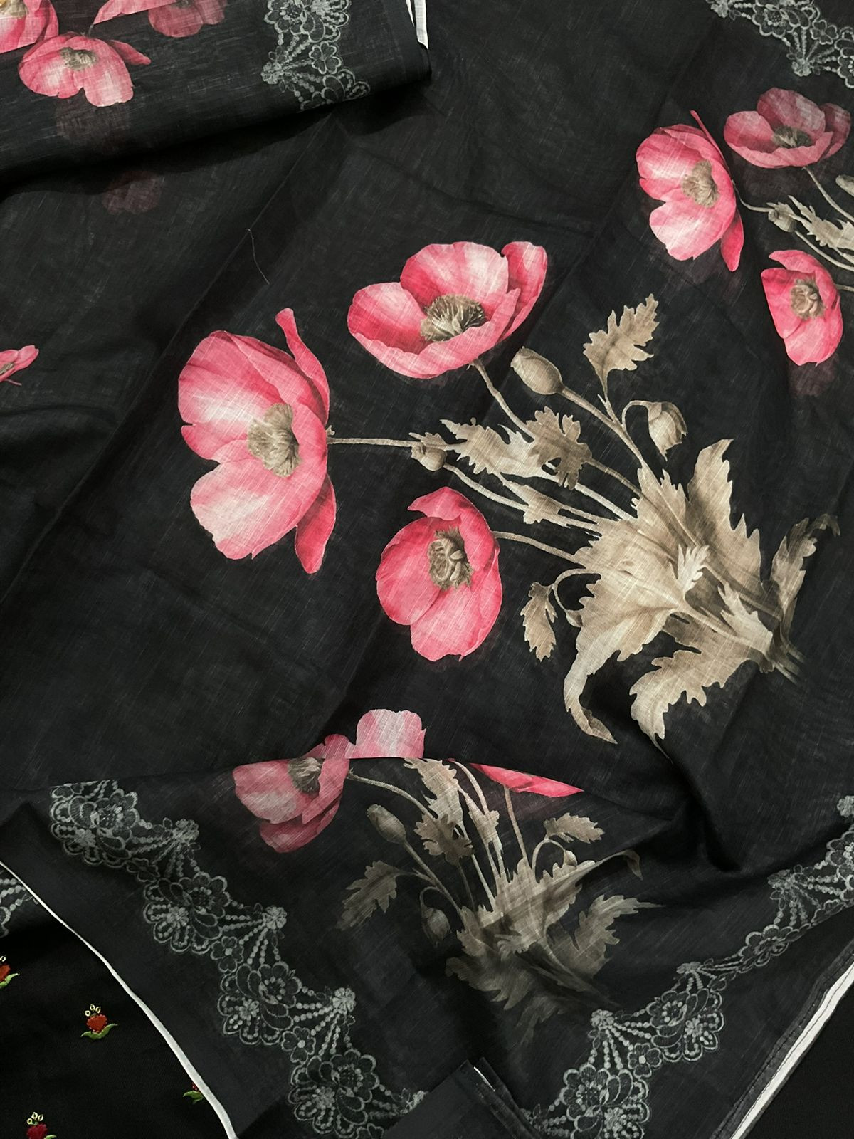 Pure Slub Cotton Printed Embroidered Suit - Black