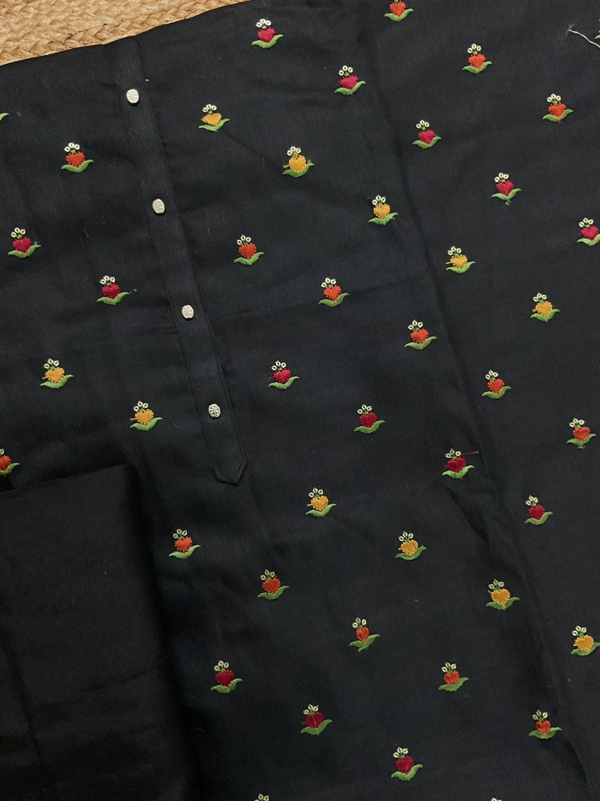 Pure Slub Cotton Printed Embroidered Suit - Black
