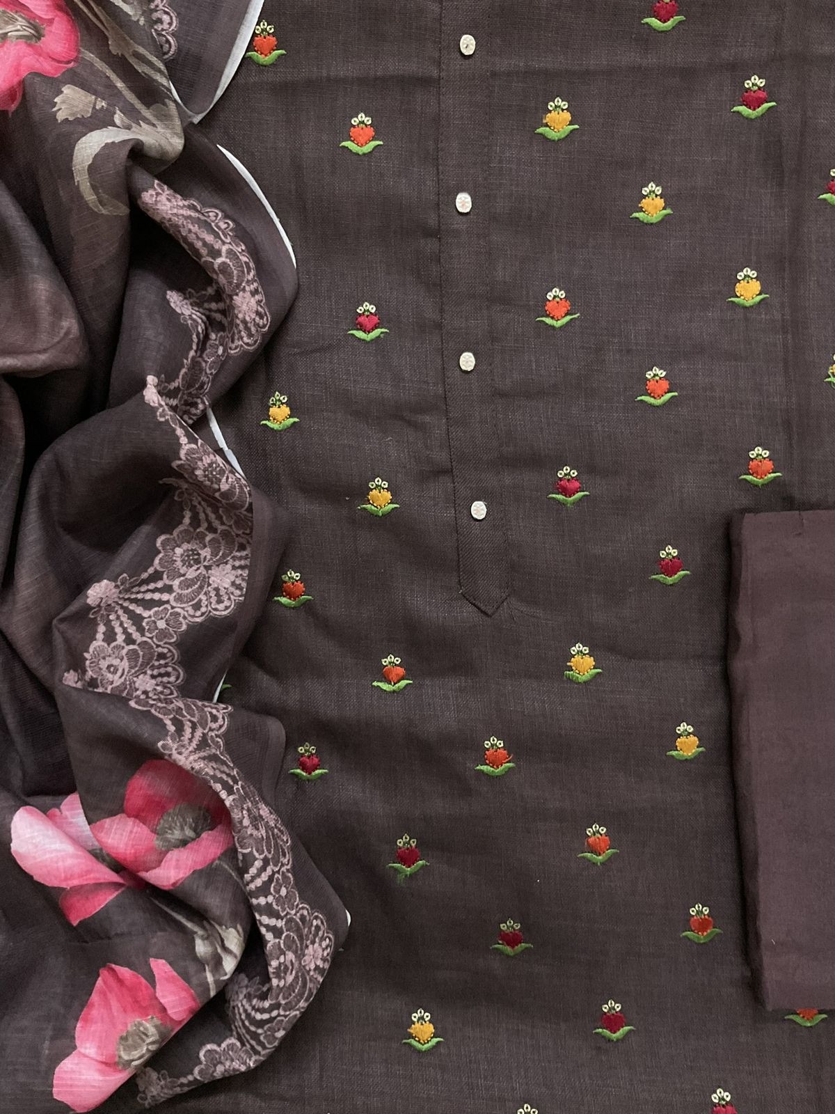 Pure Slub Cotton Printed Embroidered Suit - Brown