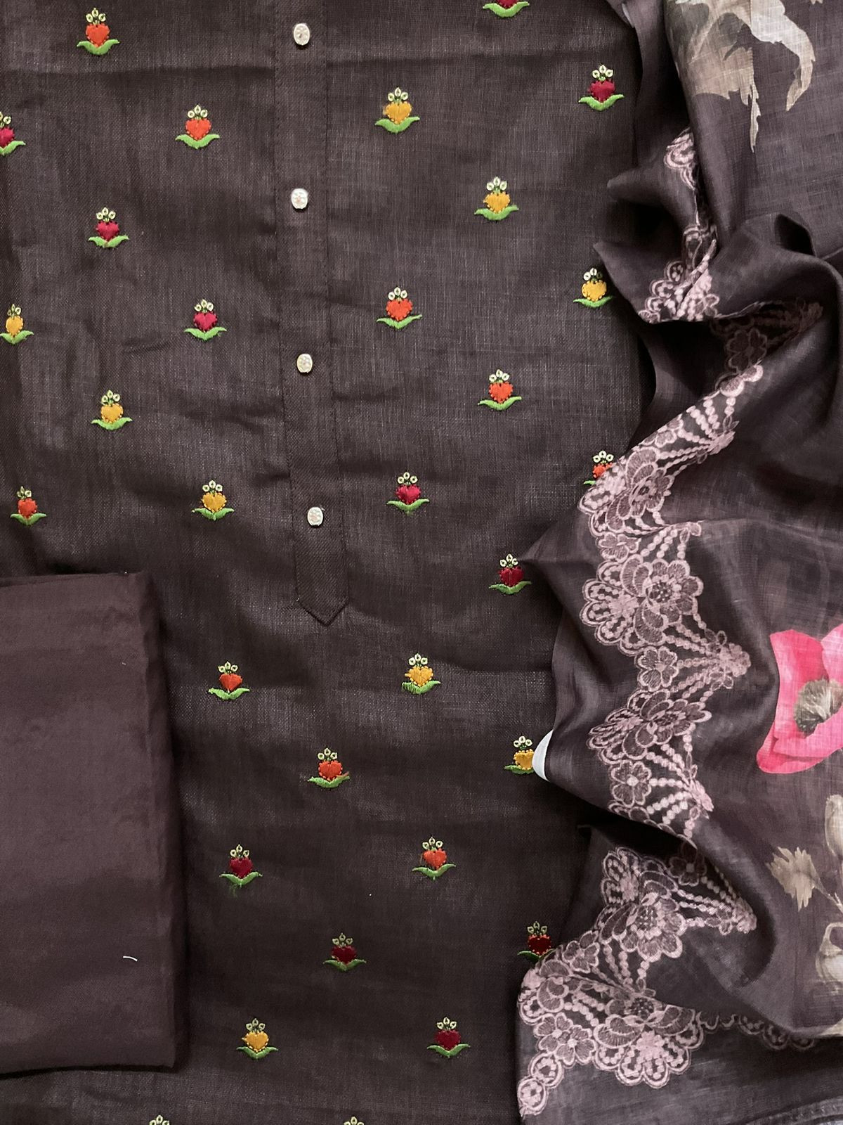 Pure Slub Cotton Printed Embroidered Suit - Brown