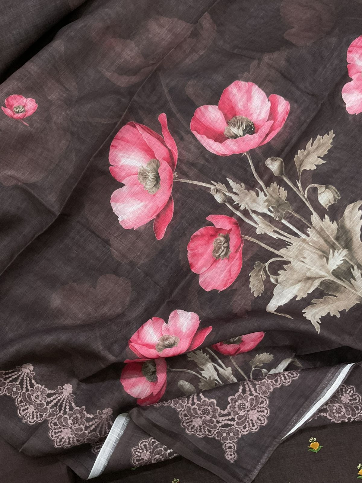 Pure Slub Cotton Printed Embroidered Suit - Brown