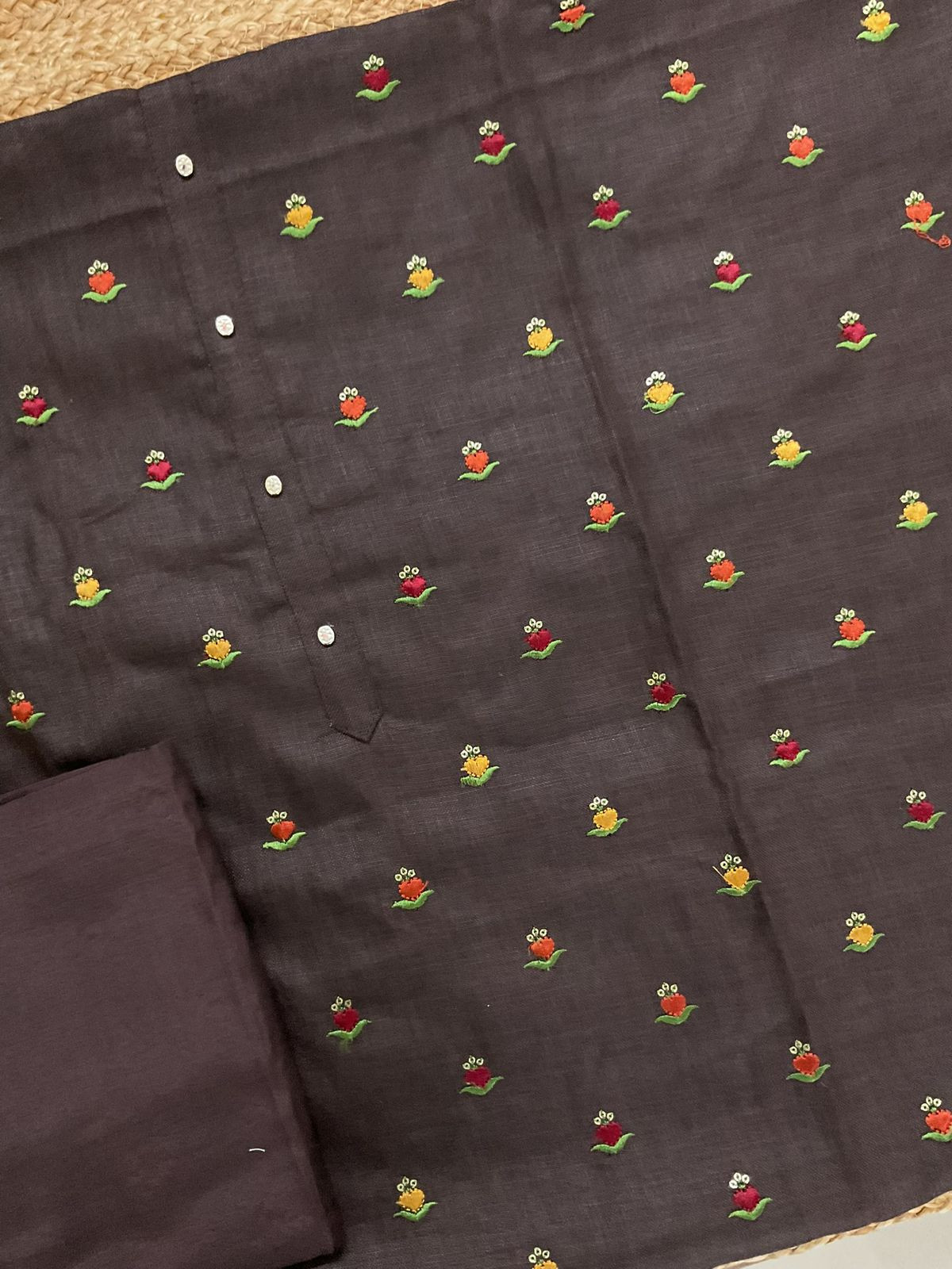 Pure Slub Cotton Printed Embroidered Suit - Brown