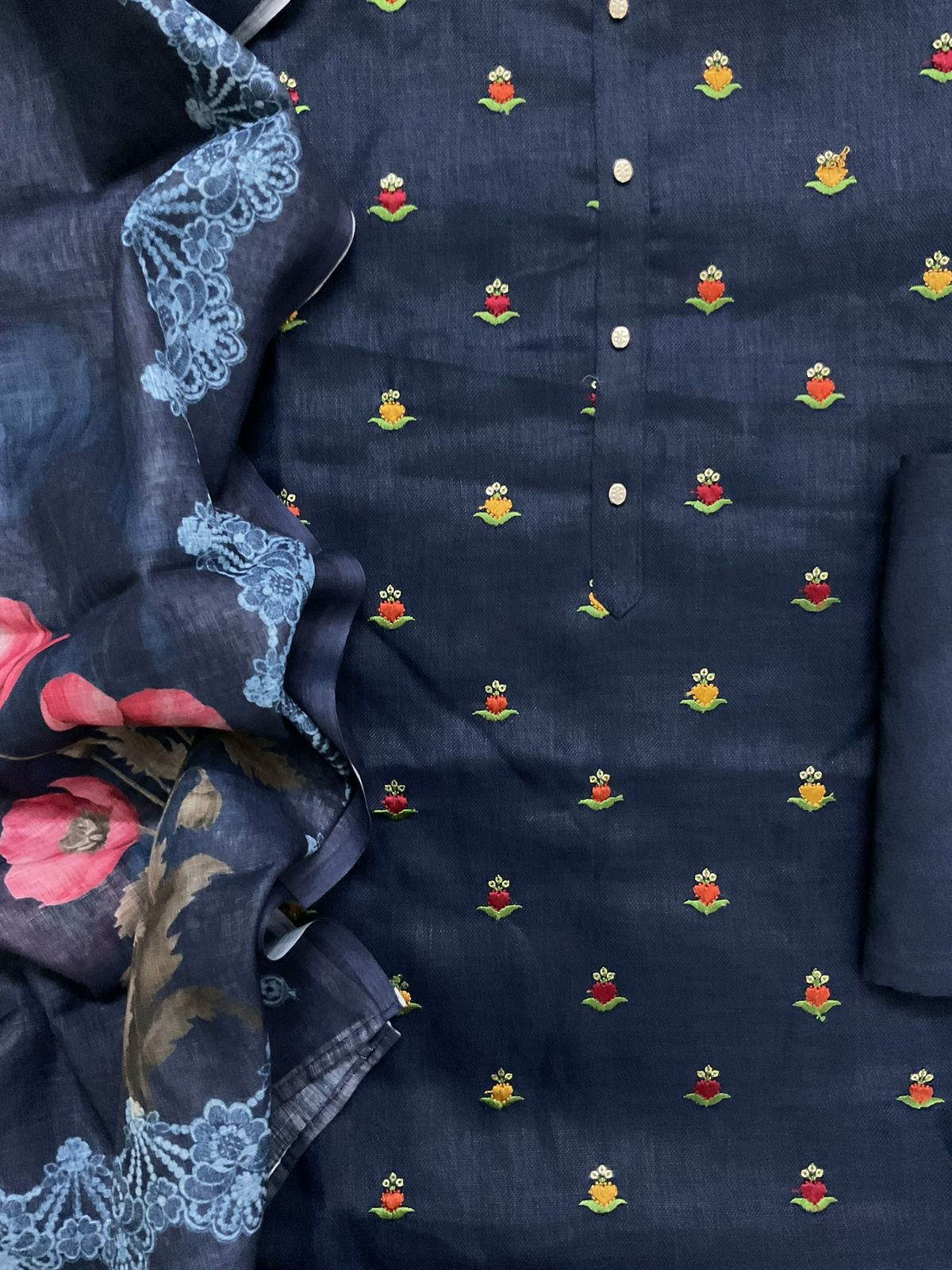 Pure Slub Cotton Printed Embroidered Suit - Blue