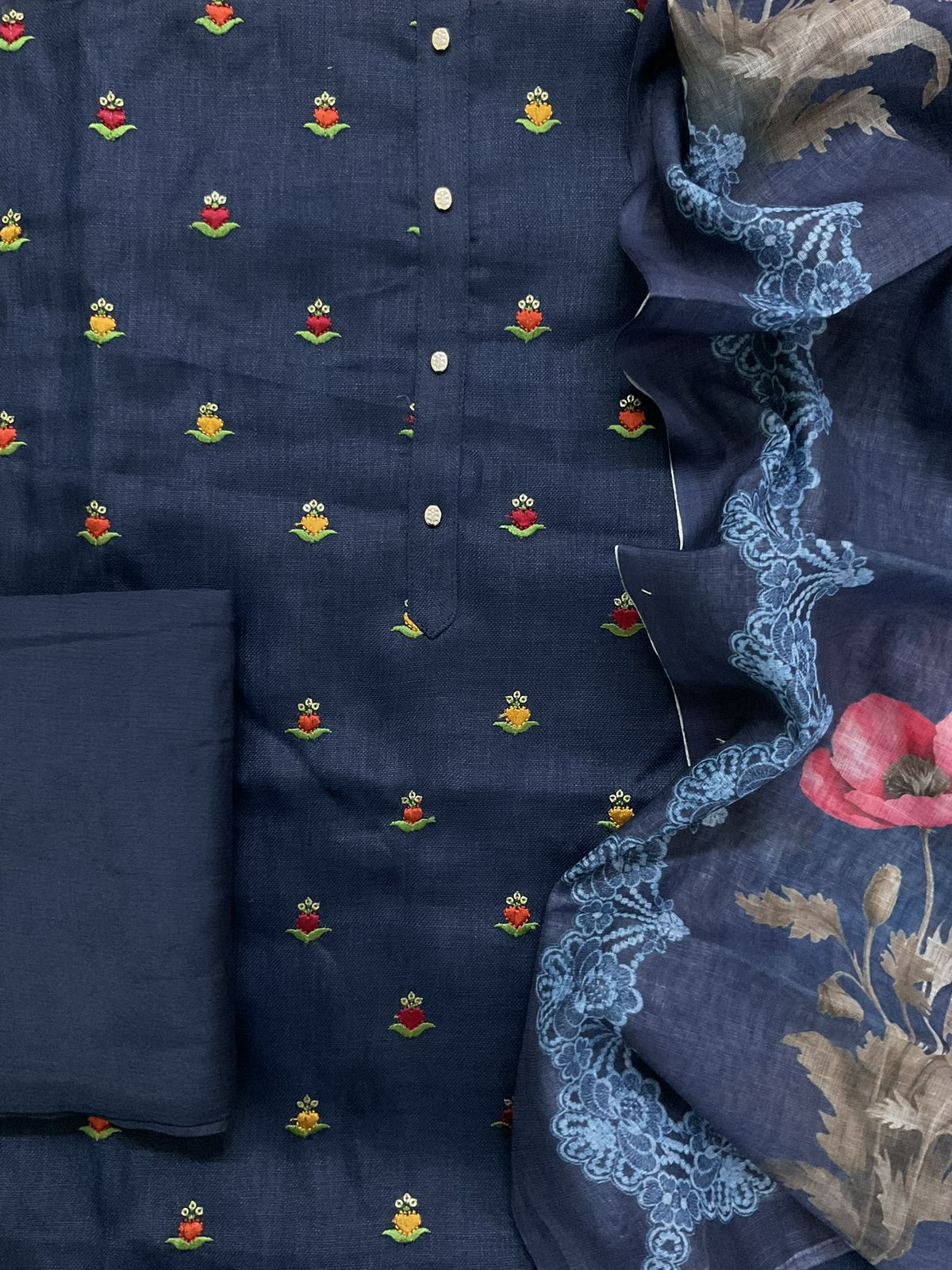 Pure Slub Cotton Printed Embroidered Suit - Blue