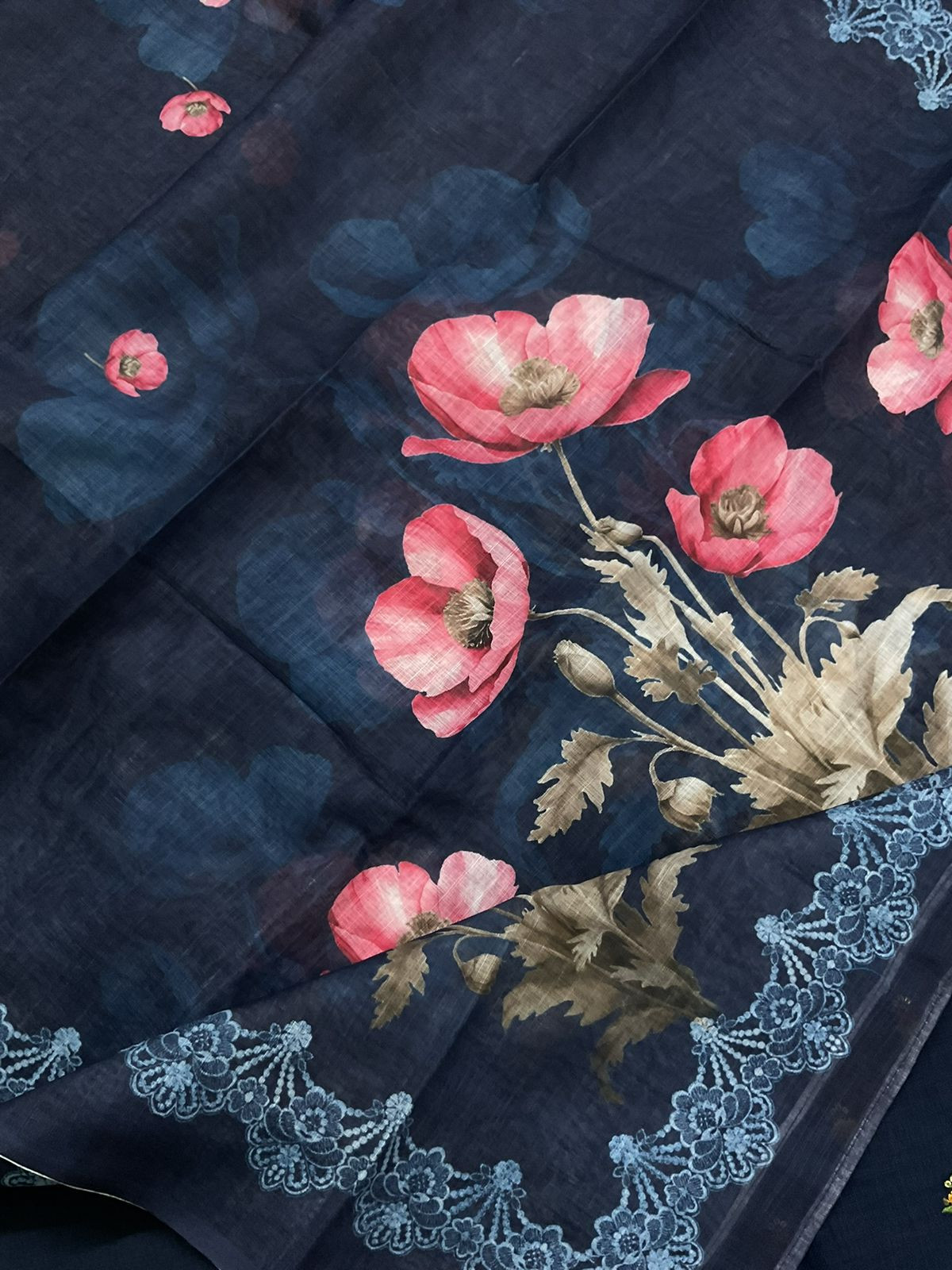 Pure Slub Cotton Printed Embroidered Suit - Blue