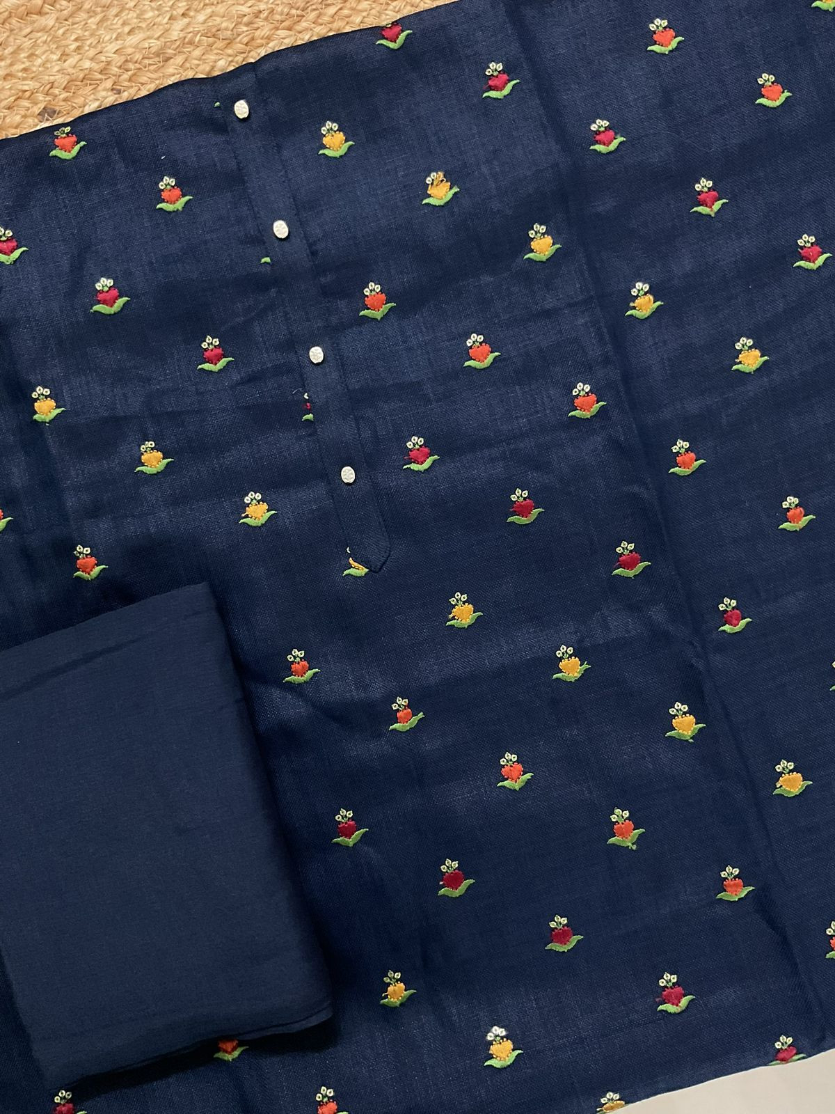 Pure Slub Cotton Printed Embroidered Suit - Blue